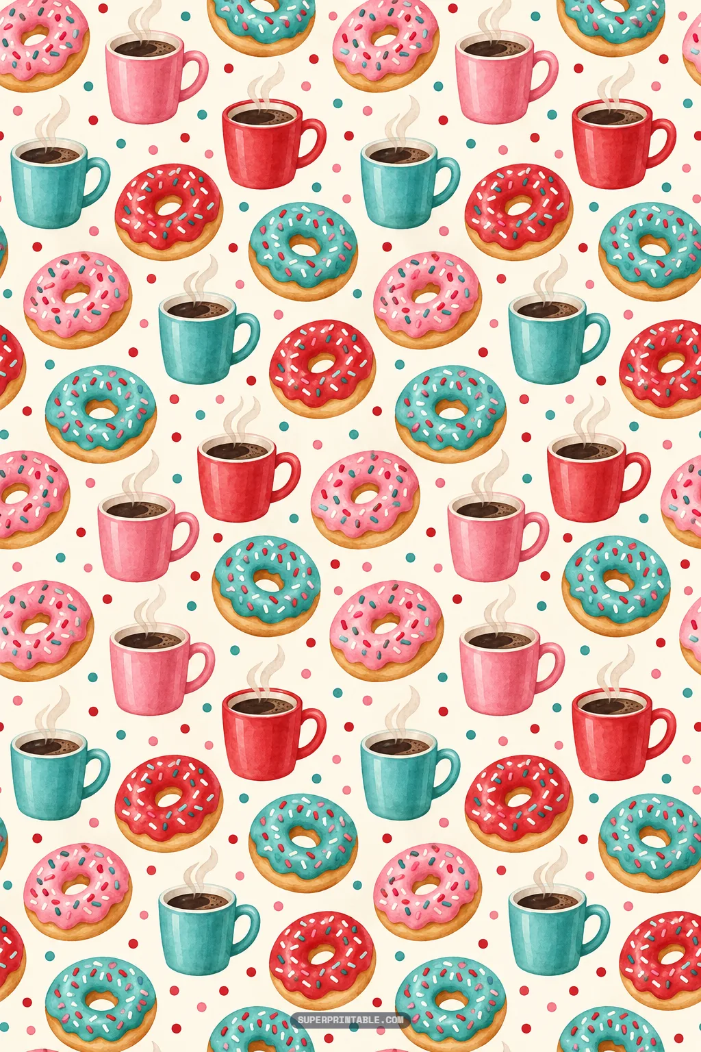 Colorful ceramic coffee mugs with steam curls and frosted sprinkle ring donuts on pale ivory background