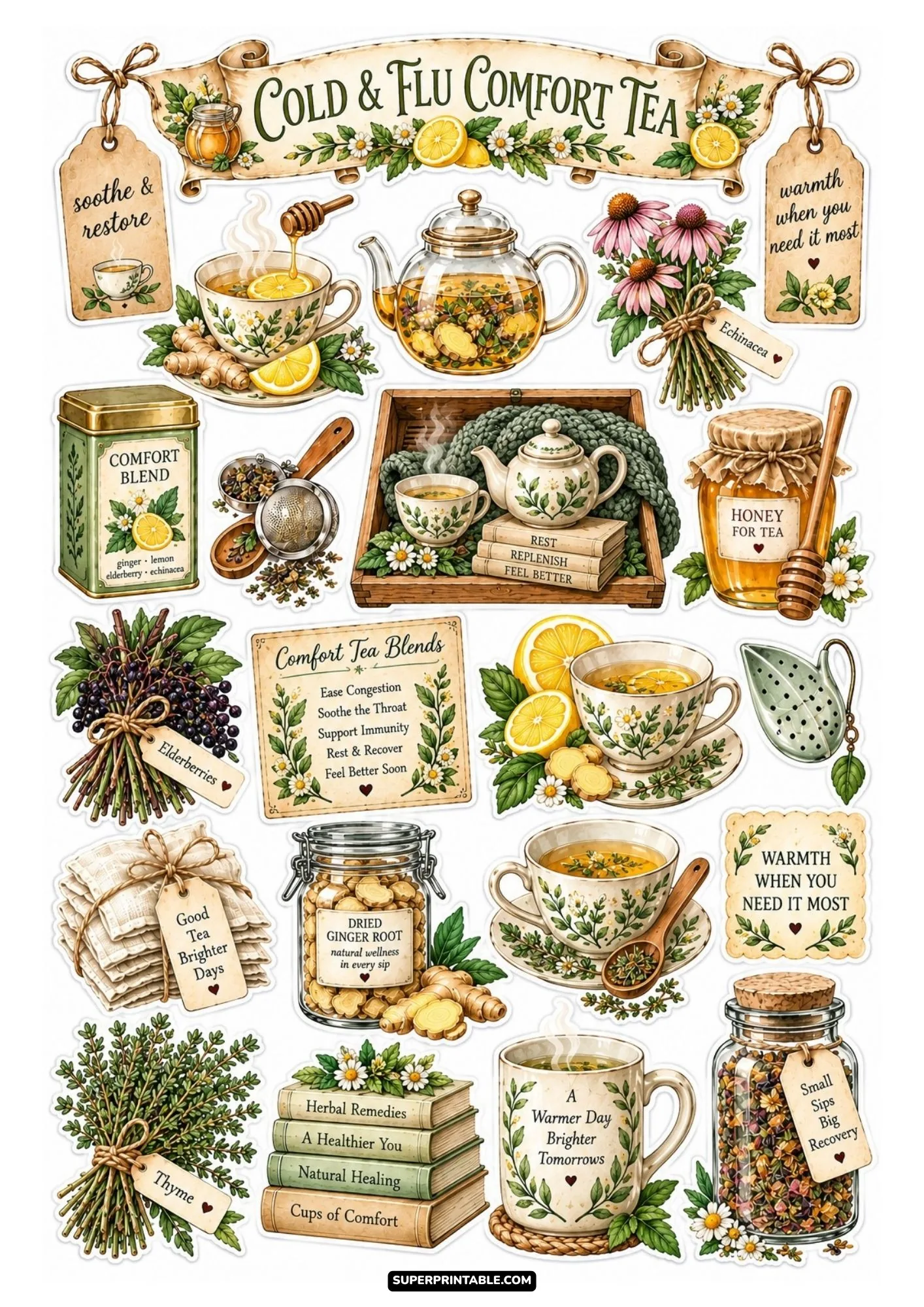 Cold and flu comfort tea sticker sheet with echinacea, elderberries, lemon slices, thyme, and honey jars.