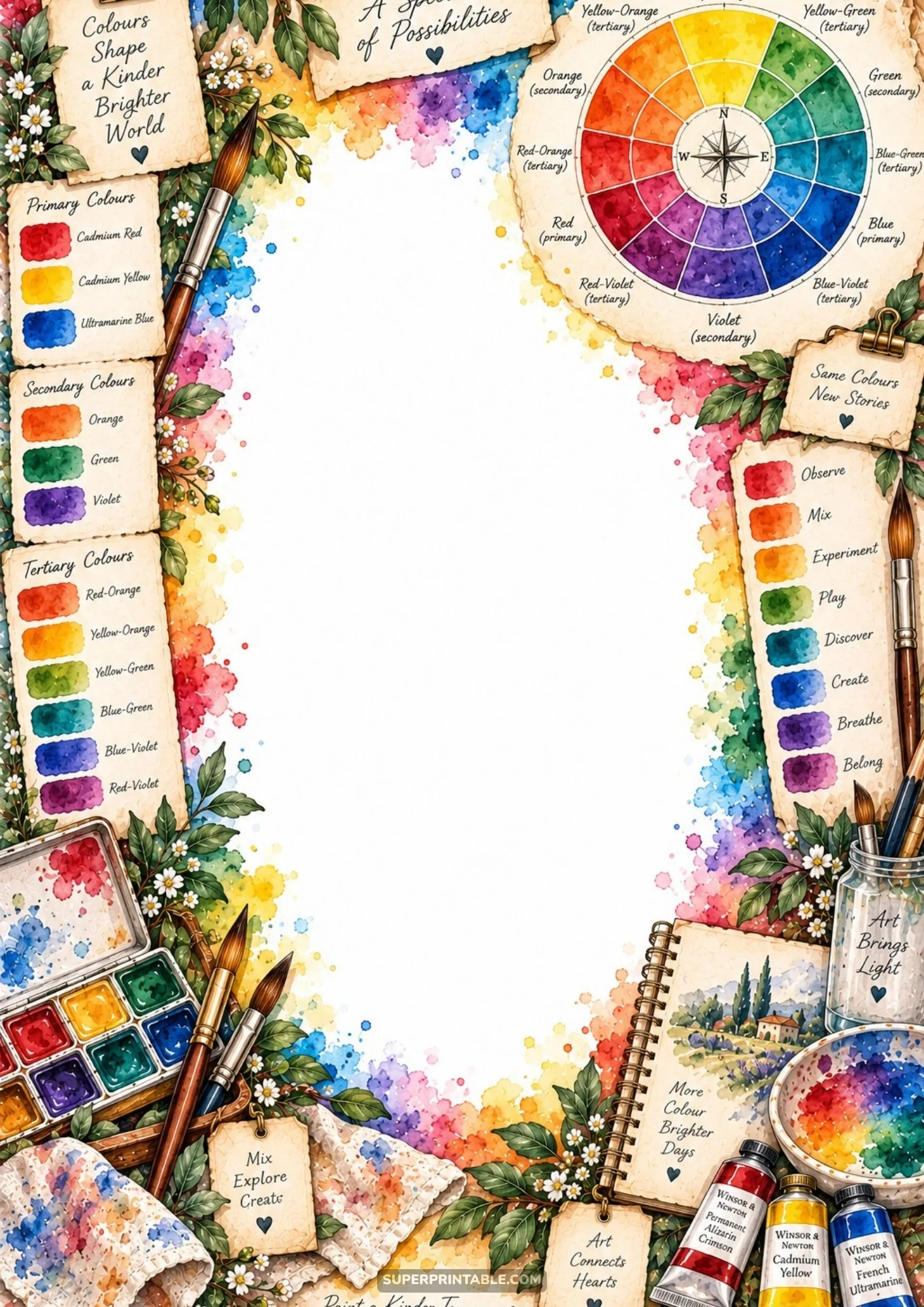 Educational watercolor color wheel chart, painted swatch cards, and paint palette around an empty page.