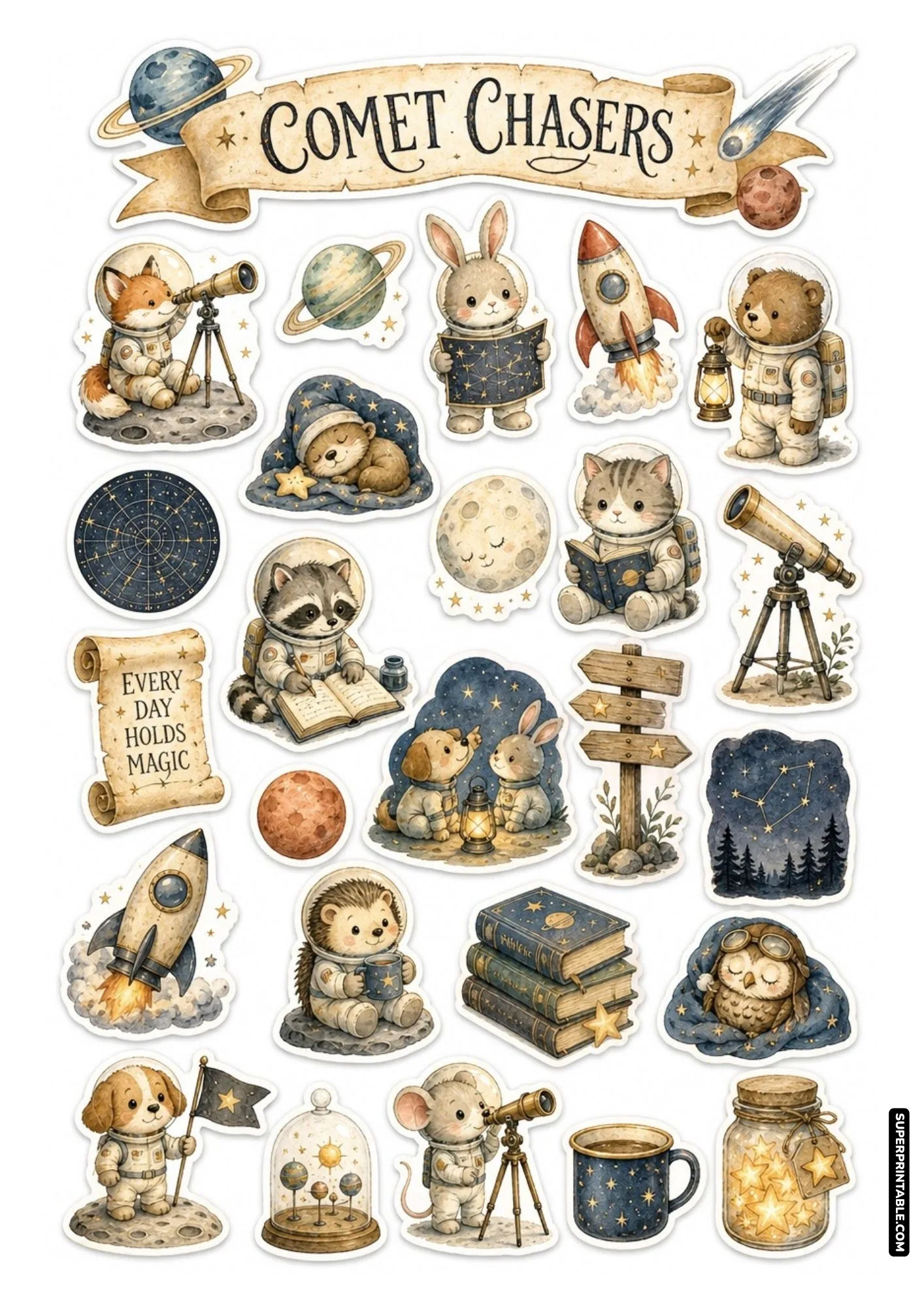 Cutout stickers of astronaut animals examining star charts, comets, and telescopes.