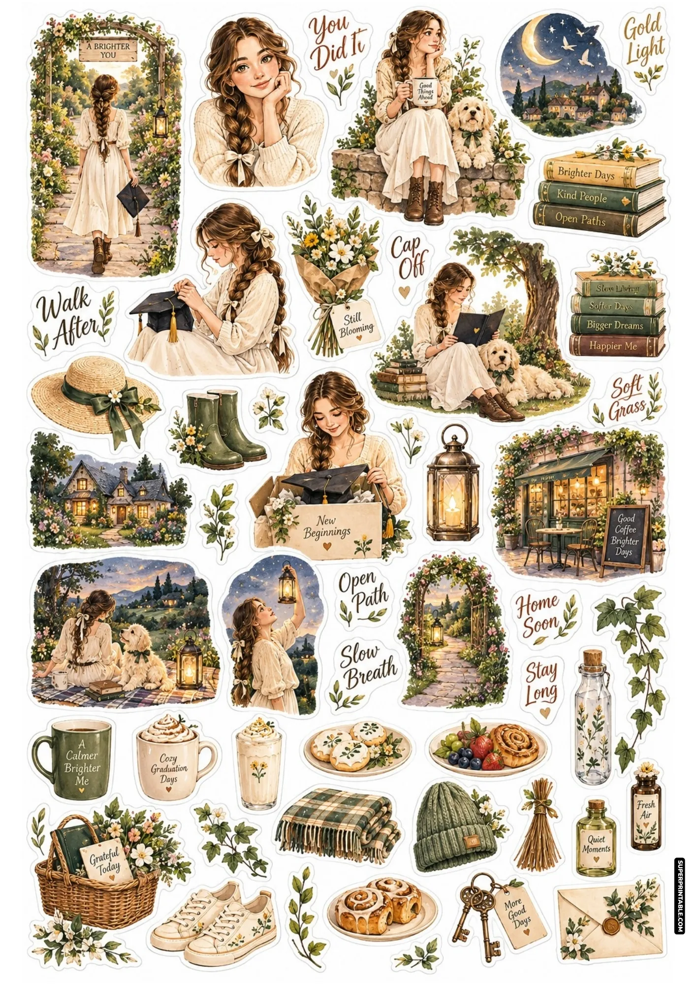 Commencement reflection stickers showing a graduate holding her cap, walking garden paths, and cuddling a golden puppy