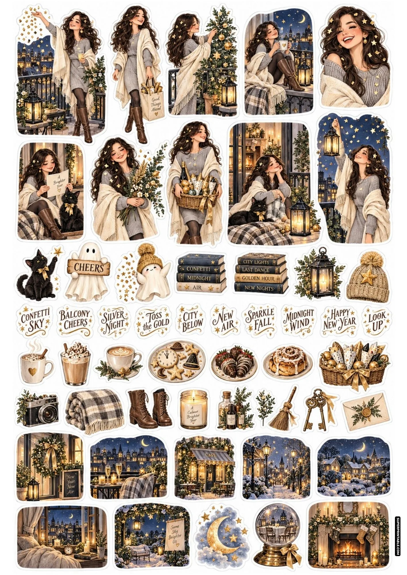 Printable new years eve sticker sheets with a smiling woman tossing gold confetti over a city balcony