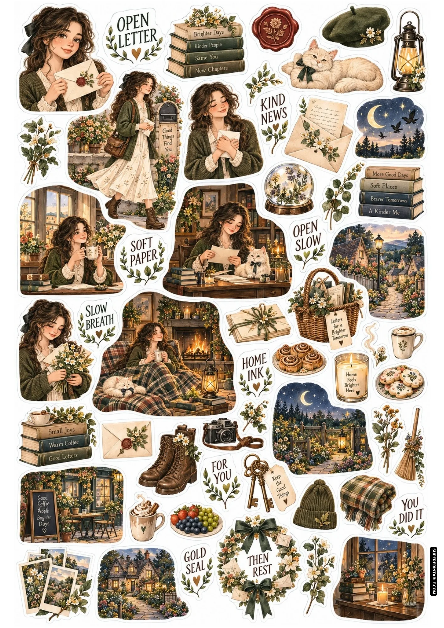 Heartwarming mail and pen pal stickers with wax-sealed letters, postal mailboxes, writing desks, and fluffy white cats