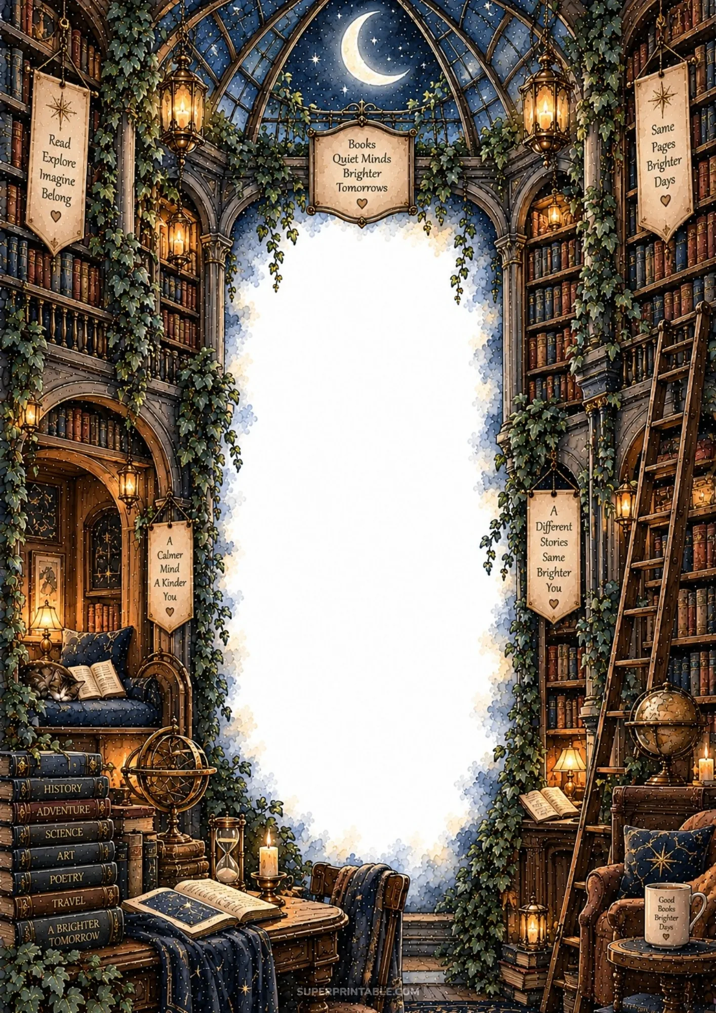 Glass domed conservatory library under starry skies with ivy-draped book arches and glowing lanterns.