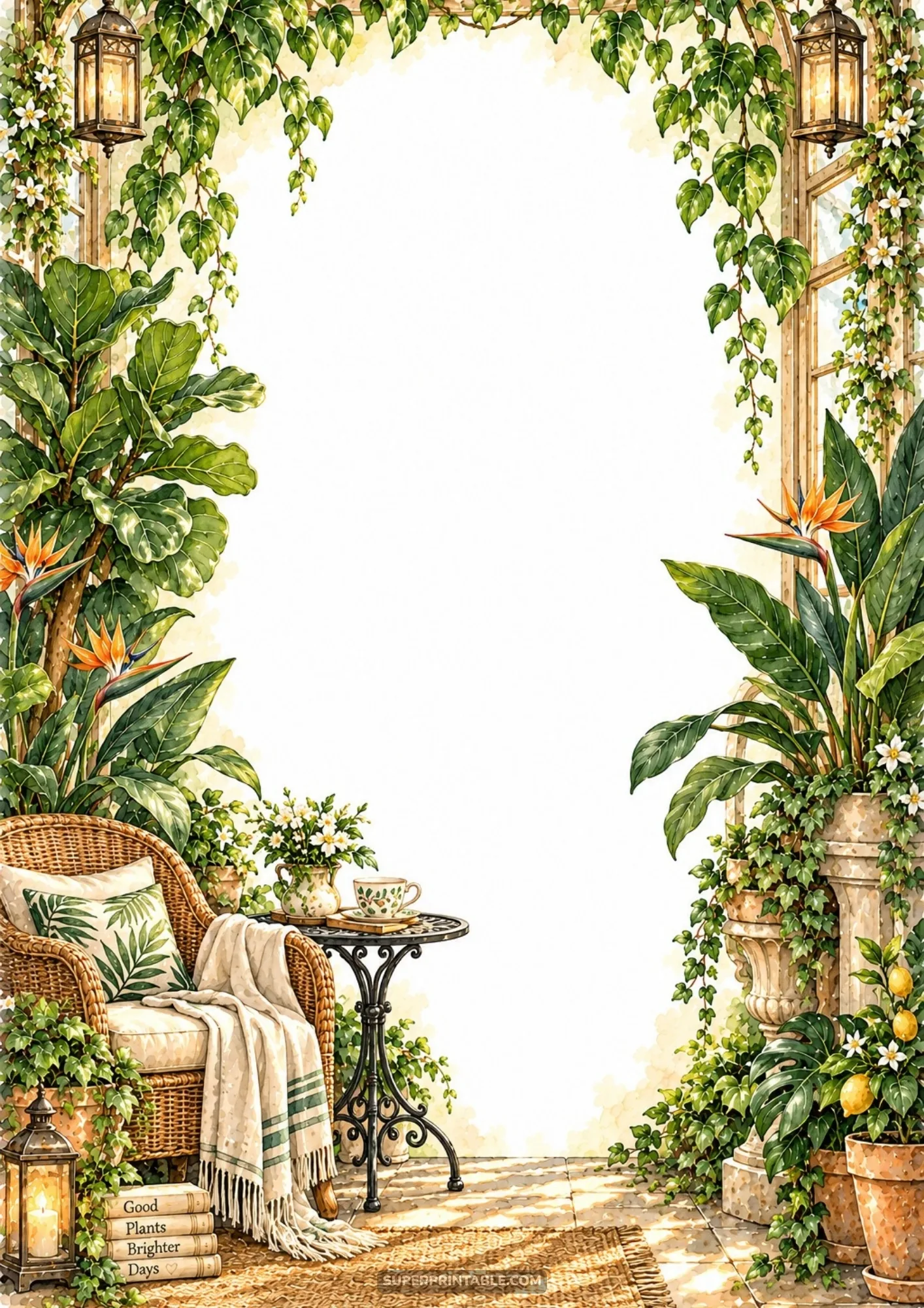 Cozy wicker armchair, tea table, and fiddle leaf fig in a sunlit conservatory nook