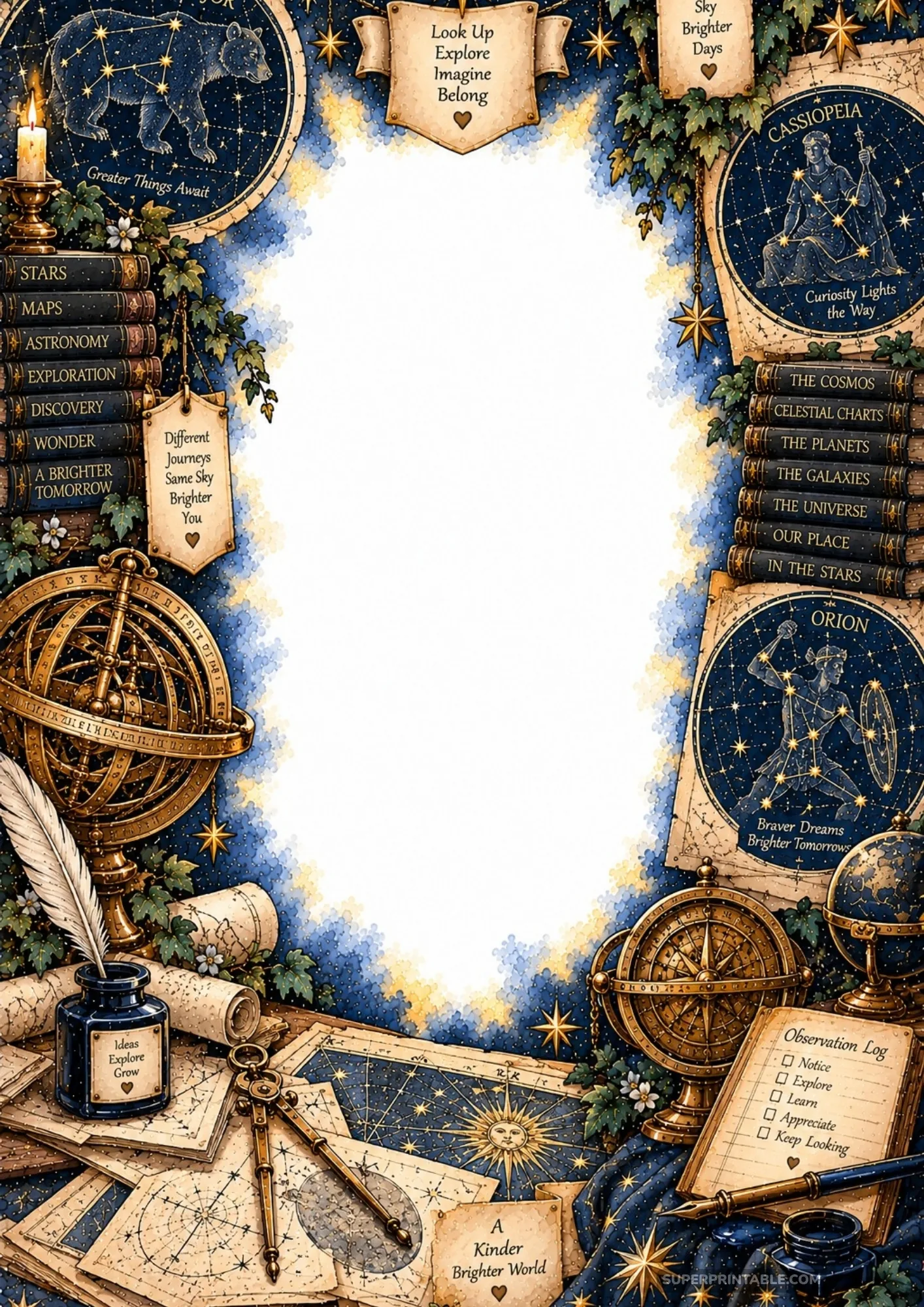 Constellation illustrations of Orion and Ursa Major with antique navigational globes and star charts.