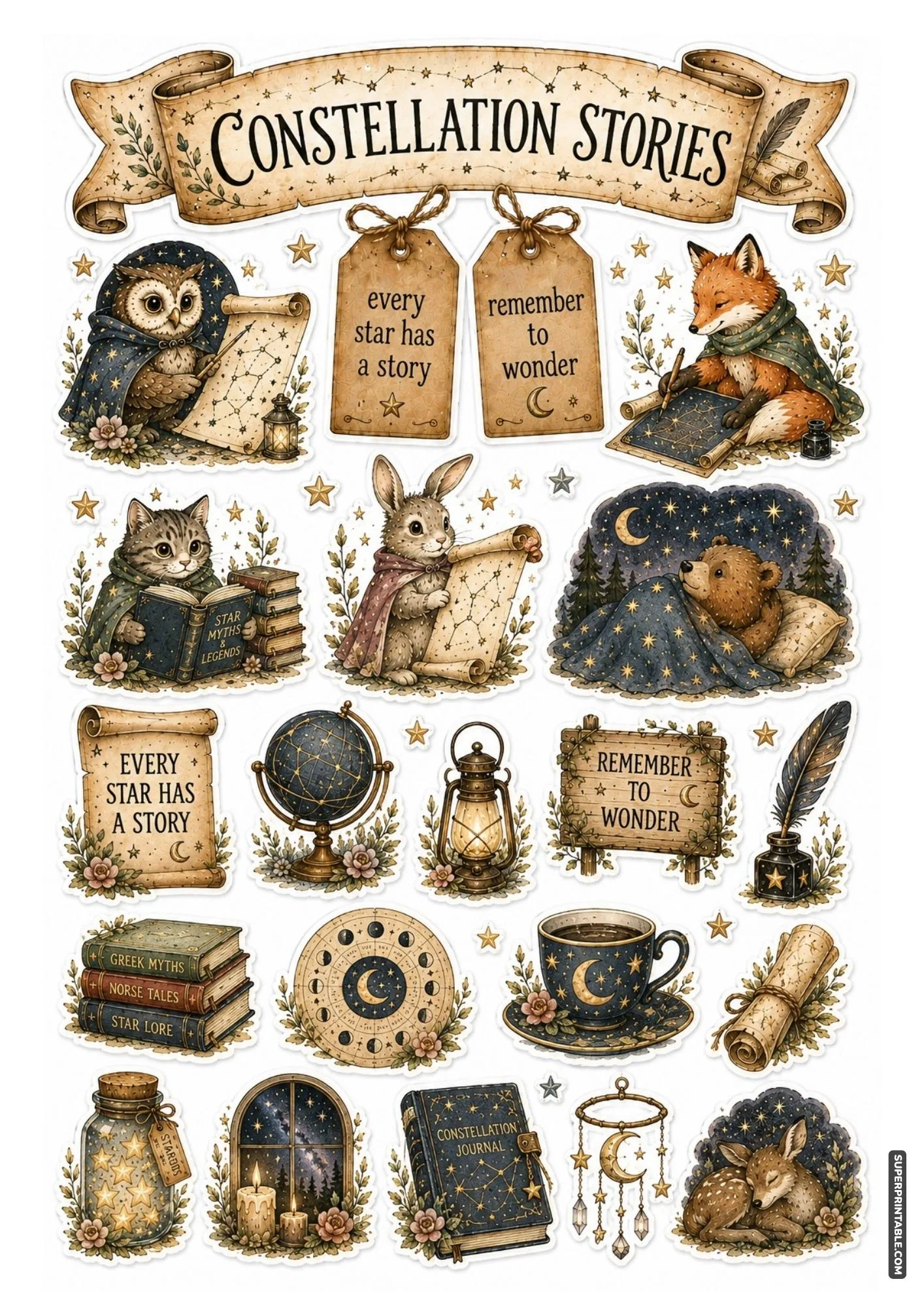 Sheet of printable moon and stars stickers featuring cozy animals reading star charts and celestial banners.