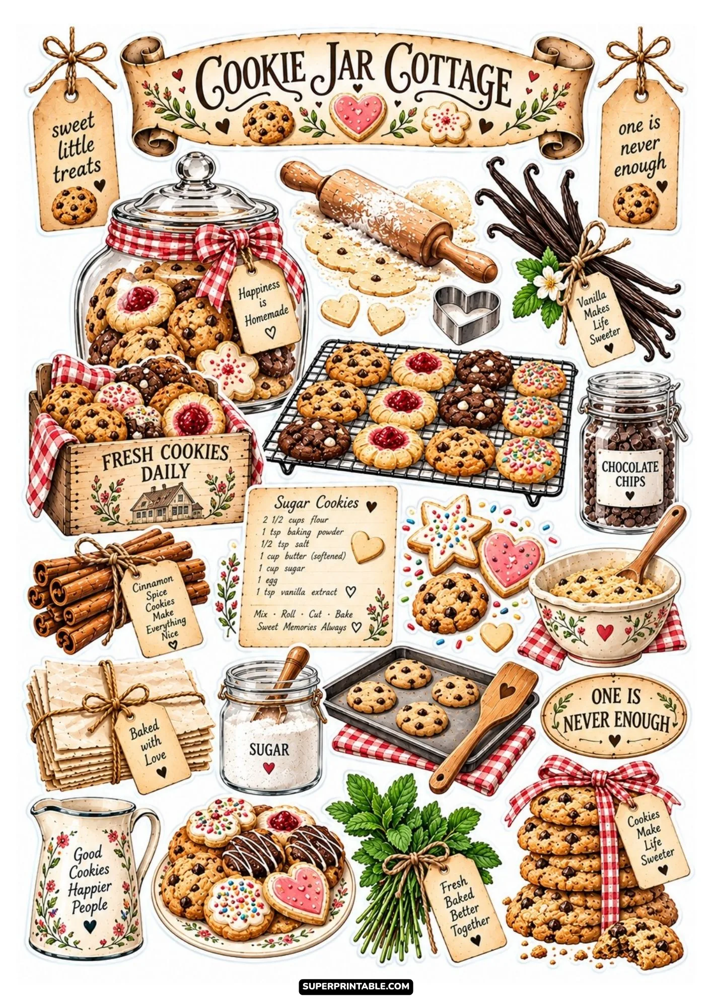 Cottage bakery sticker sheets displaying chocolate chip cookie jars, rolling pins, and warm baked treats.