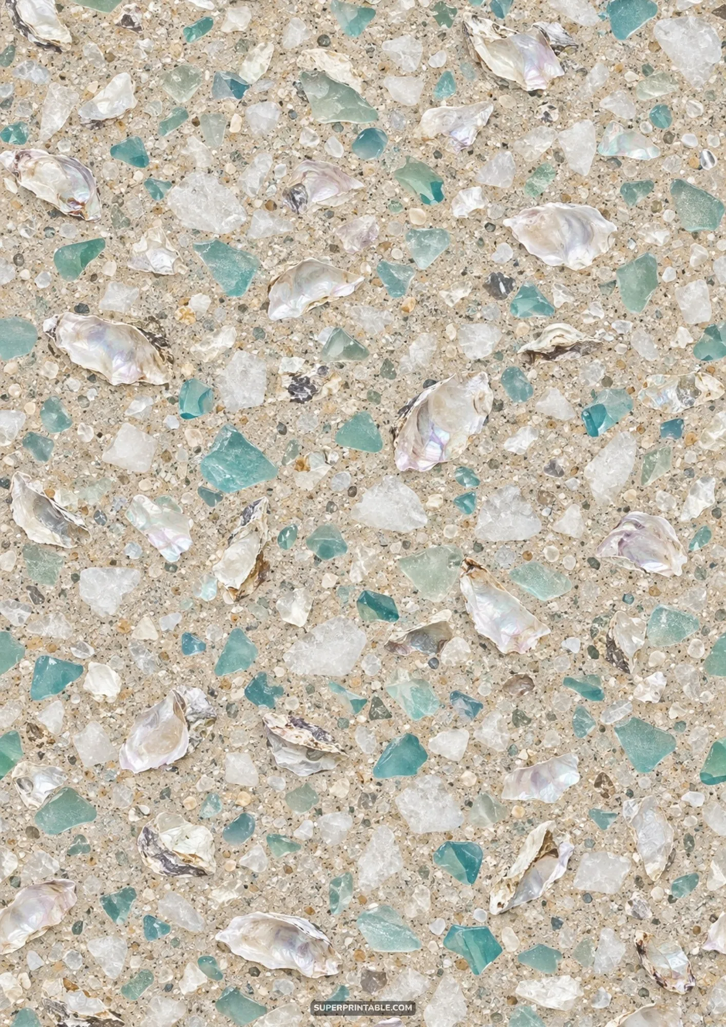Polished coastal terrazzo digital paper embedded with oyster shells and sea glass chips
