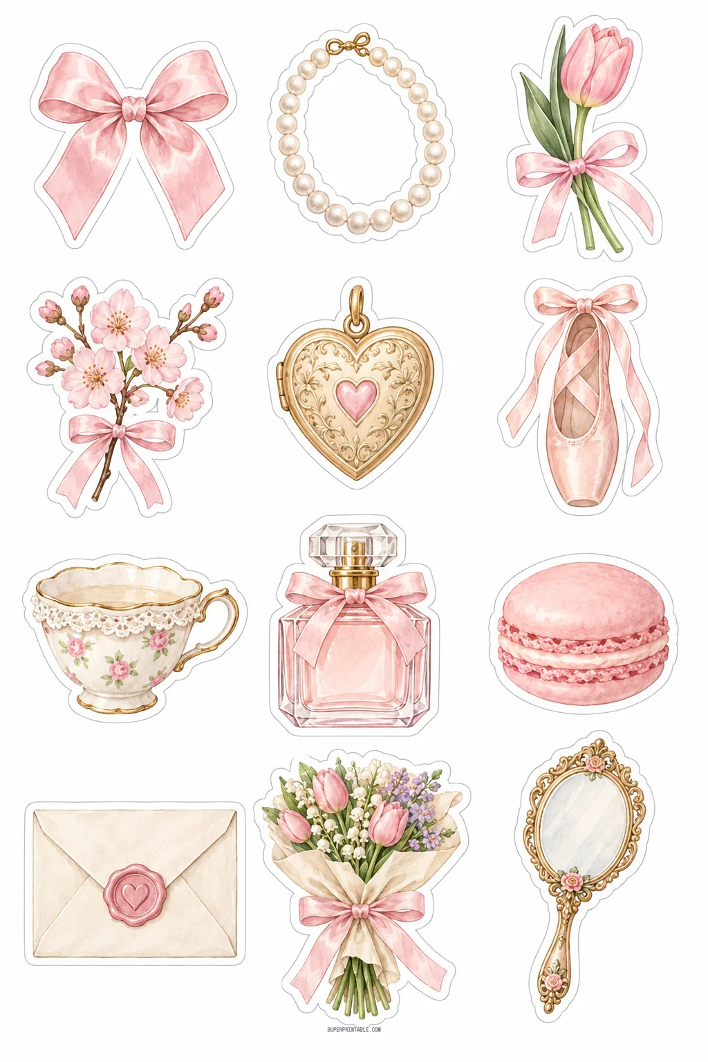 Soft pink coquette aesthetic stickers featuring satin bows, pearl necklace, ballet pointe shoes, and perfume