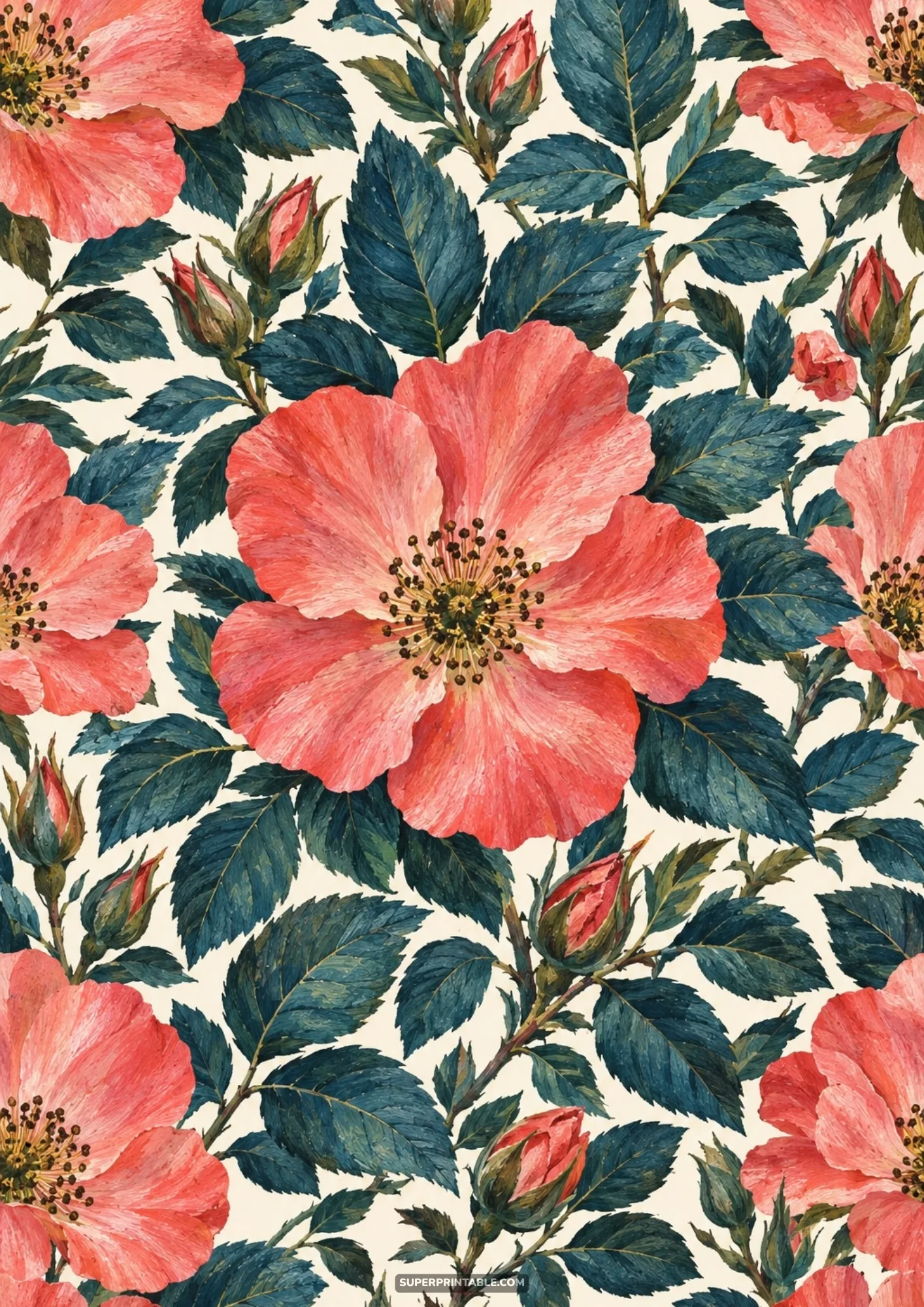 Vibrant coral garden rose blossoms and pointed floral buds on dark painterly foliage over ivory paper