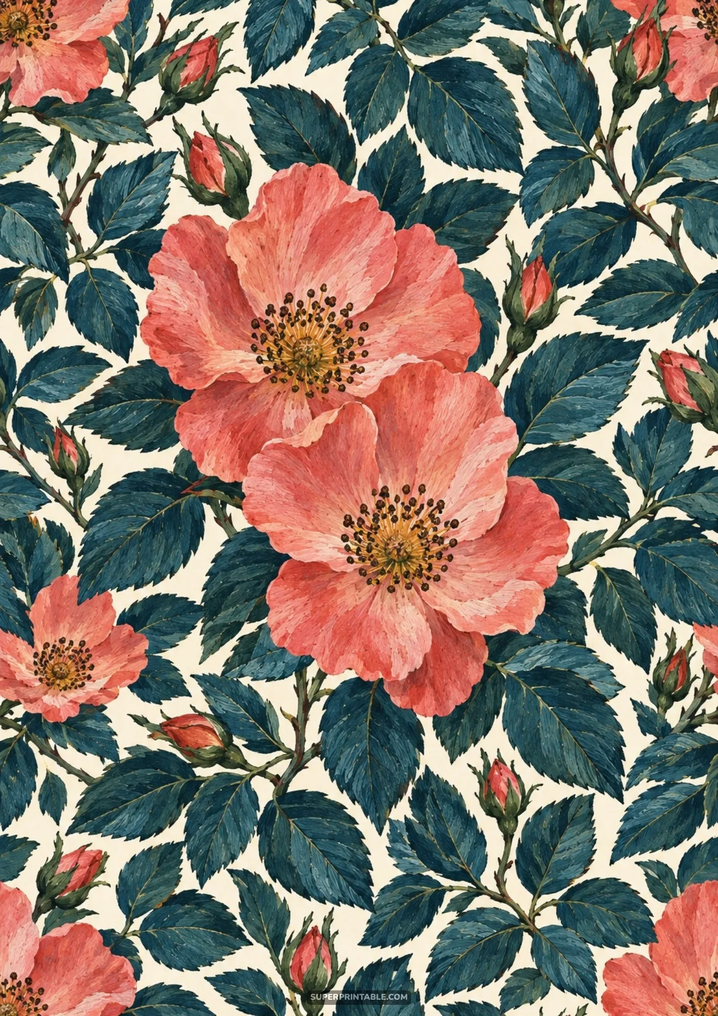 Blooming coral pink wild roses with golden centers and rosebuds arranged on dark green leafy briars