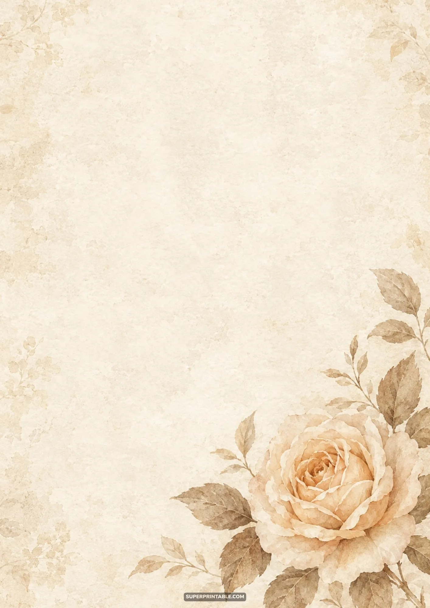 Champagne shabby chic digital papers displaying a large corner rose blossom with sepia leaves