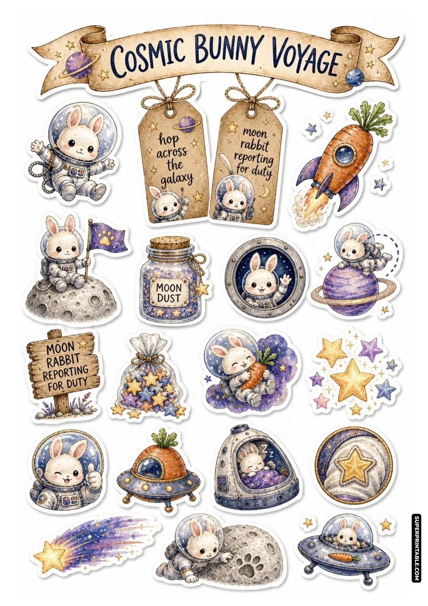 Printable space animals sticker sheets featuring cute bunny astronaut illustrations.