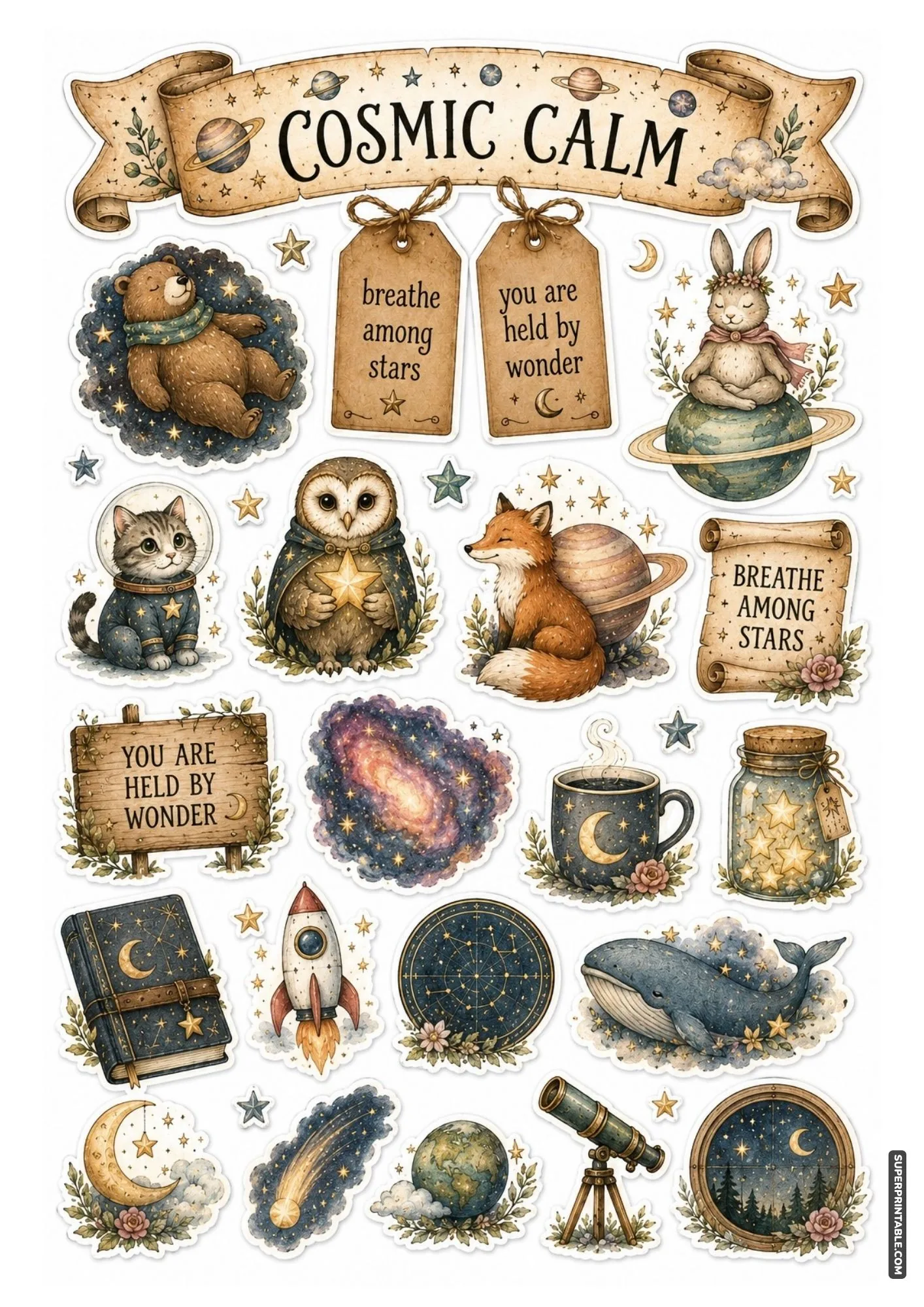 Cosmic calm celestial sticker sheet featuring space animals, Saturn bunny, and starry night sky badges.