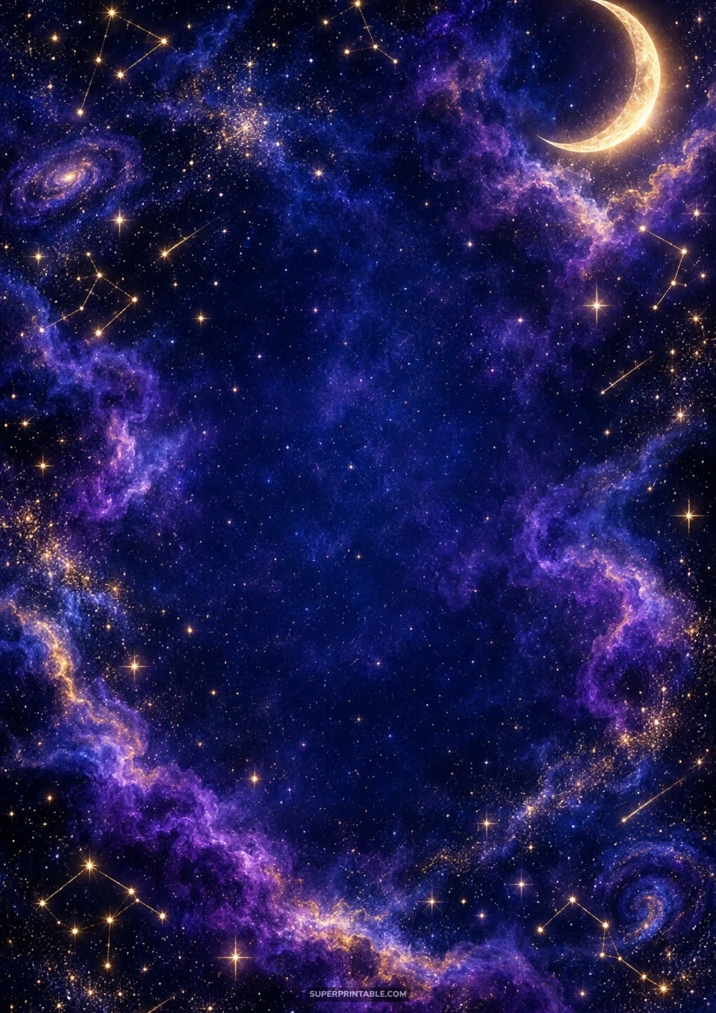 Shining golden crescent moon framed by billowy violet nebula clouds and glowing star clusters in deep space