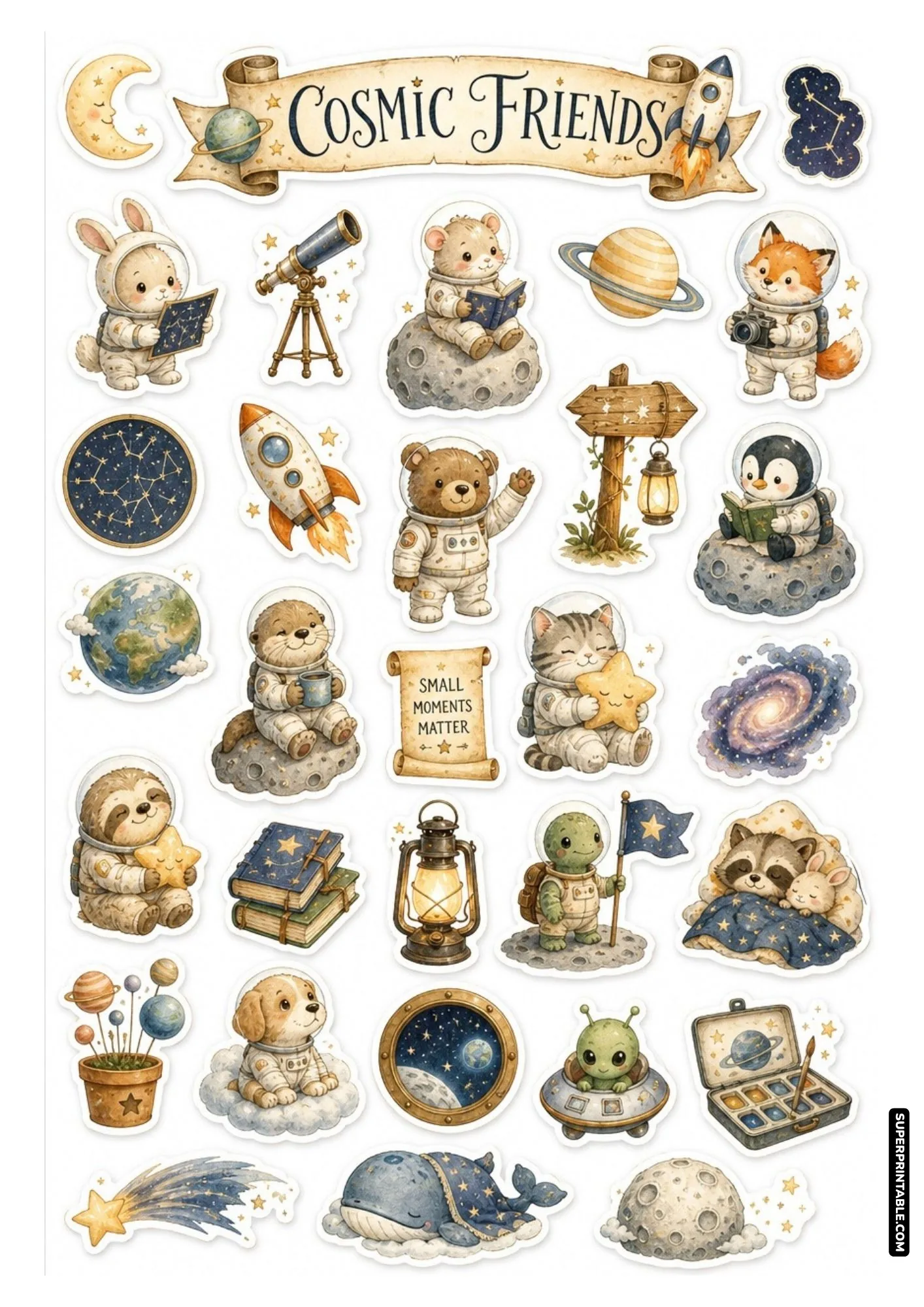 Watercolor stickers of cute sloths, otters, and puppies in astronaut helmets among cosmic stars.