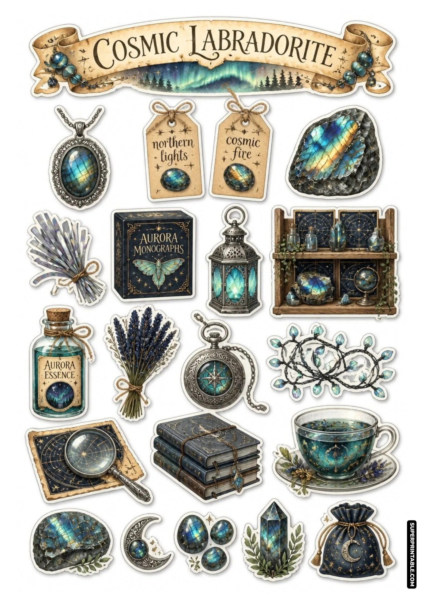 Iridescent cosmic labradorite stones with blue yellow flash, aurora magic books, and teacup sticker sheet.