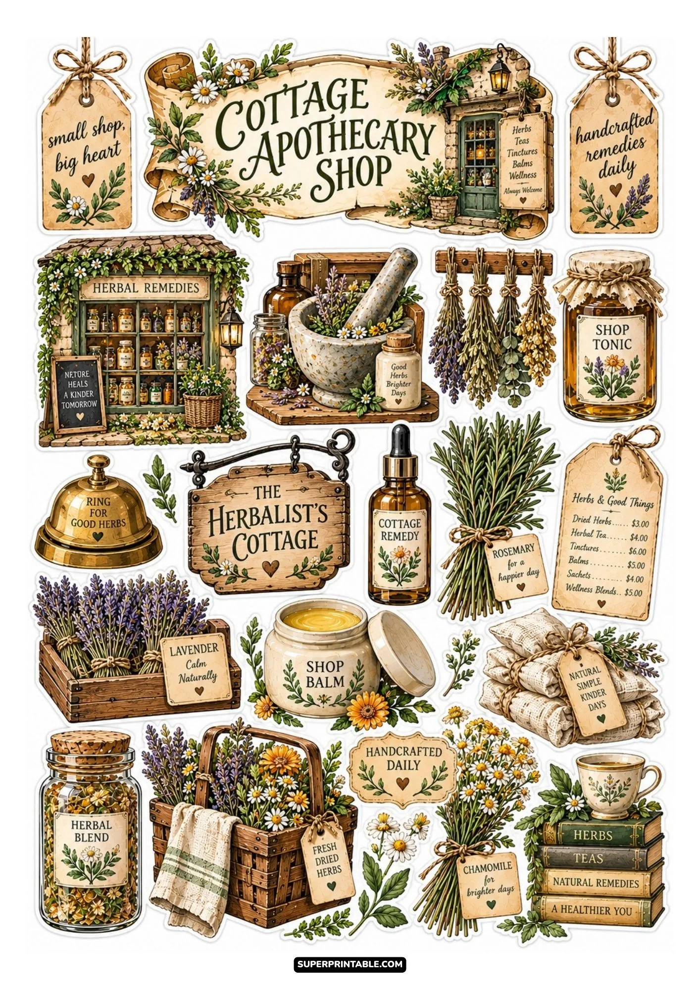 Cottage apothecary shop sticker collection featuring storefronts, herb bundles, and shop balms.