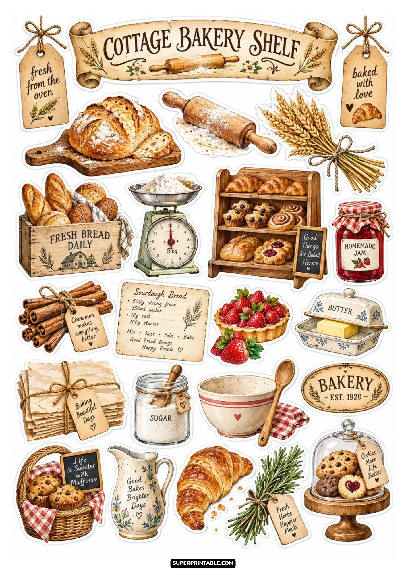 Cottage bakery shelf sticker sheet loaded with golden croissants, berry tarts, and homemade jam jars.