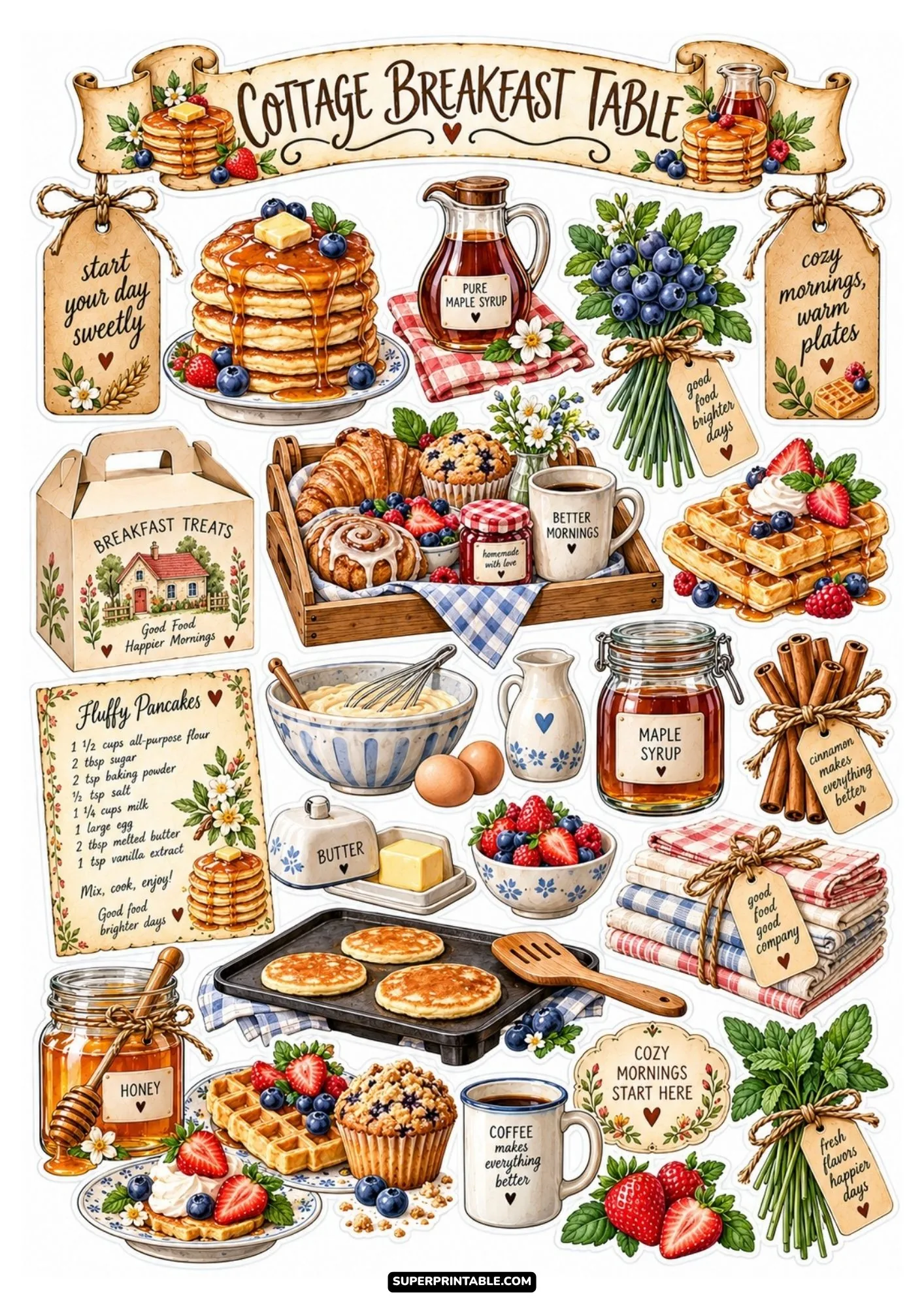 Cozy cottage breakfast table sticker sheet with fluffy pancake stacks, fresh waffles, and maple syrup.