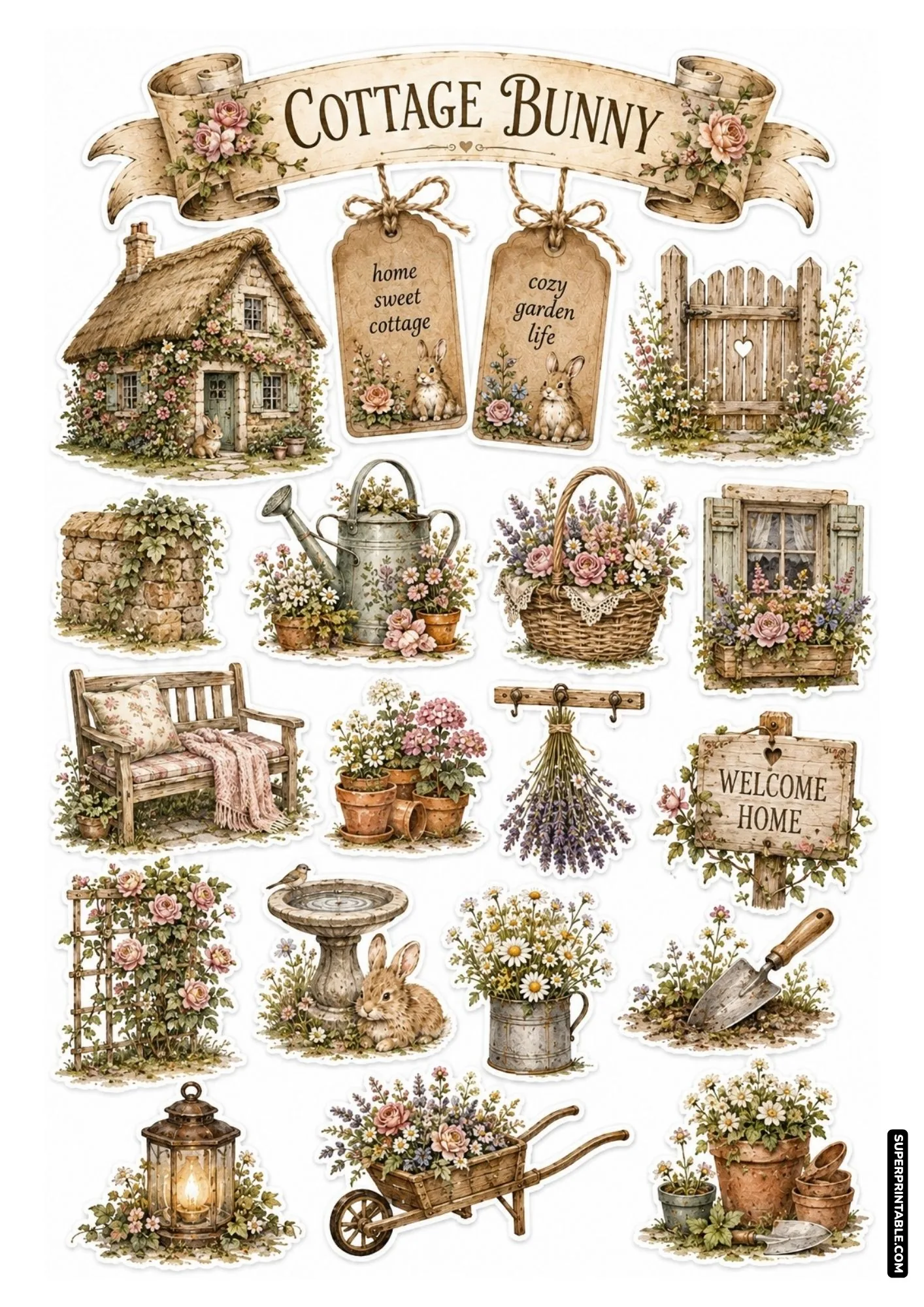 Cozy cottage bunny sticker sheet with thatched house, garden bench, birdbath, and potted blooms.