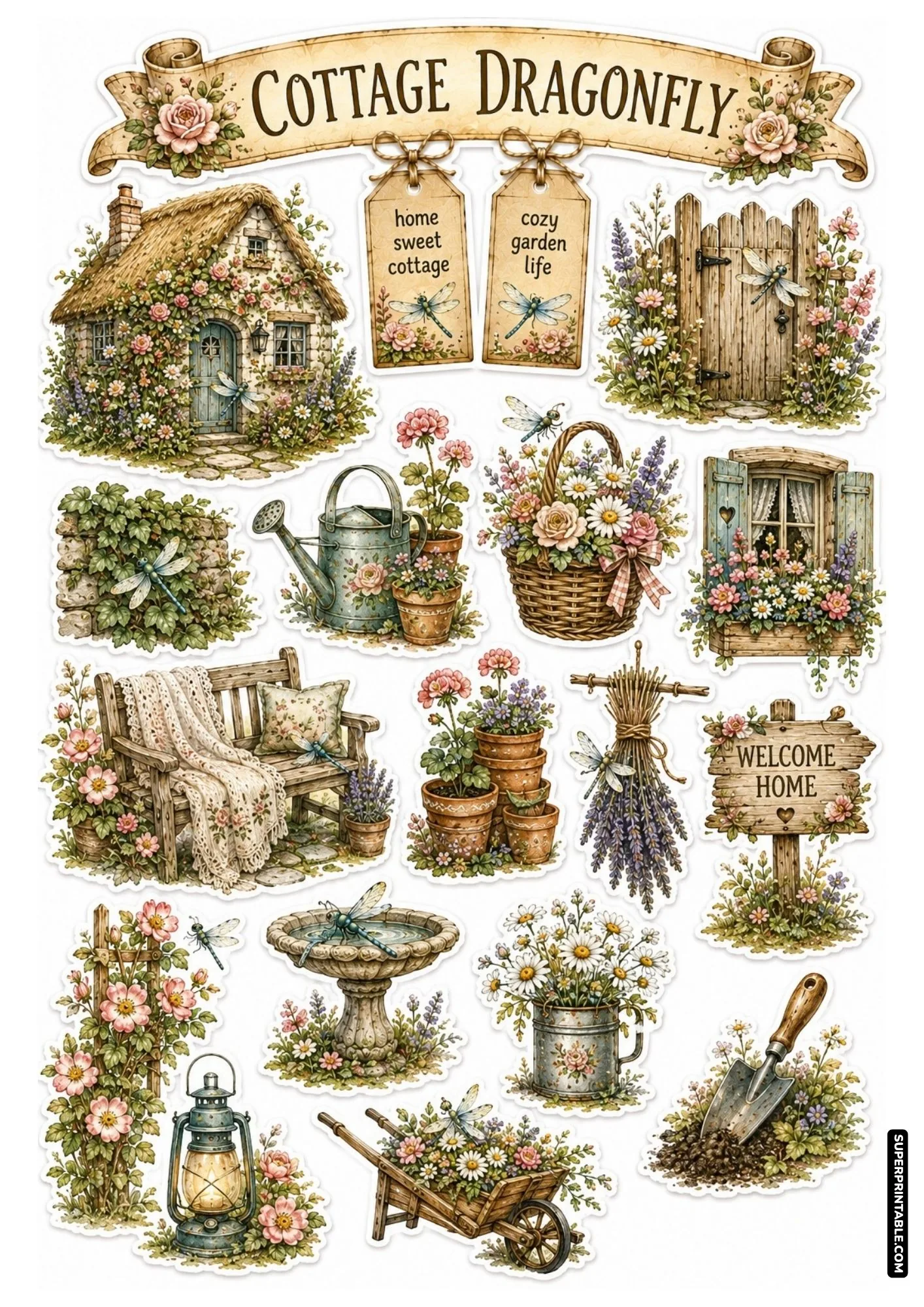Printable cottage dragonfly sticker sheet featuring a thatched garden cottage, wooden bench, and vintage floral accents.