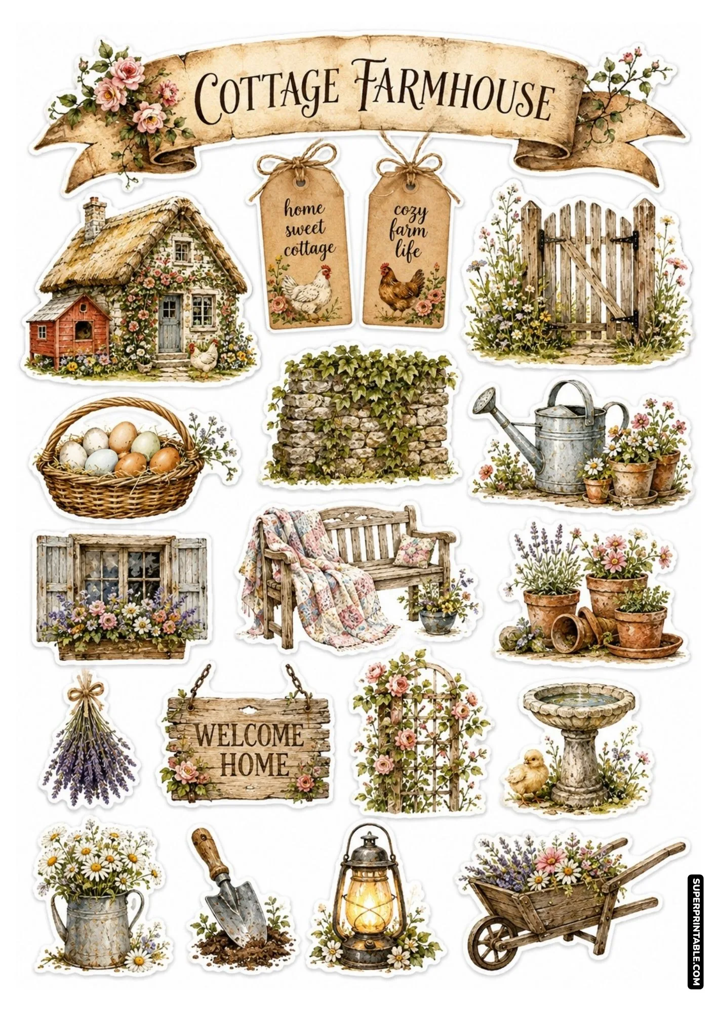 Rustic cottage farmhouse sticker sheet showing thatched coop, egg basket, garden bench, and welcome home sign.