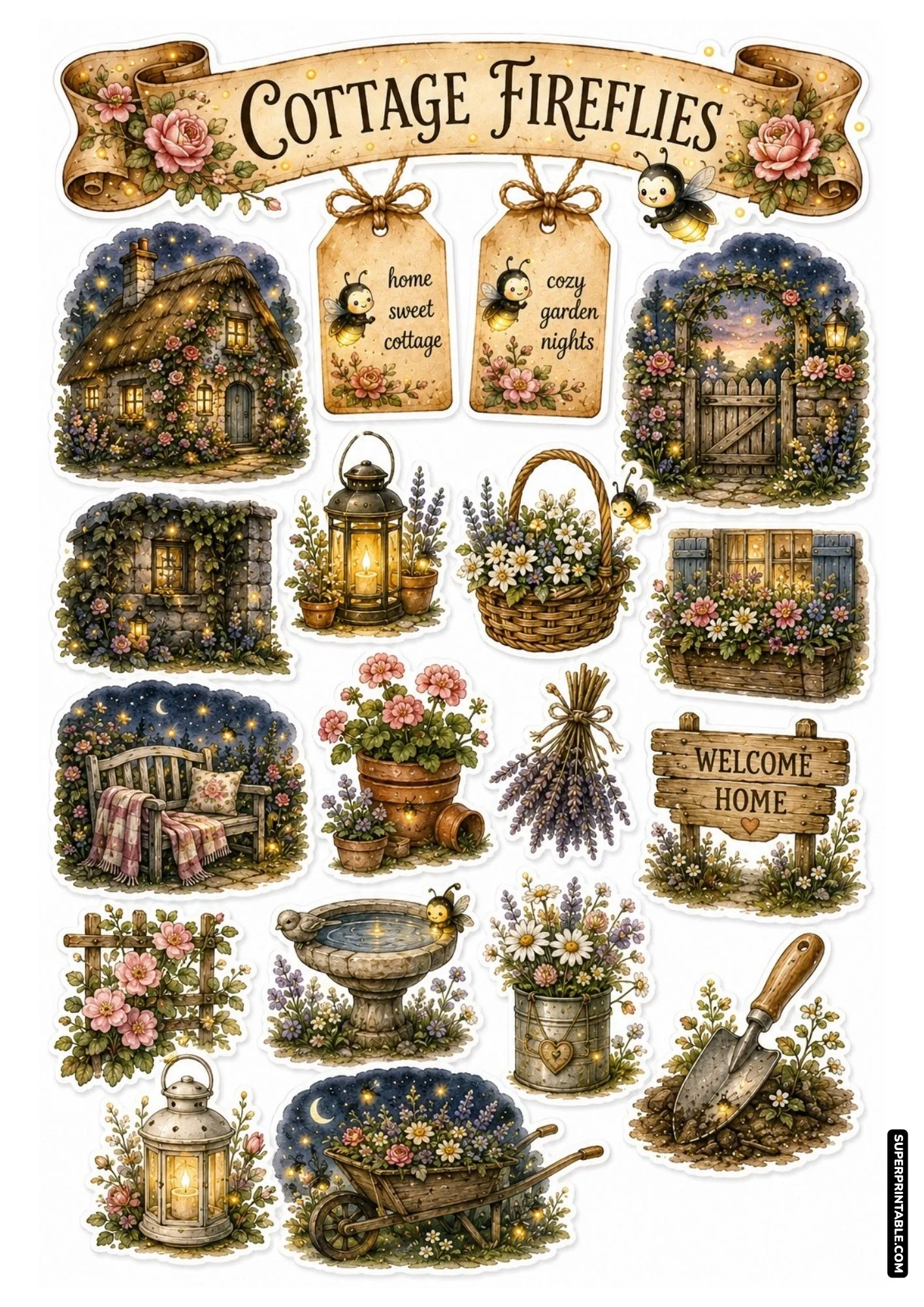 Firefly meadow sticker sheets featuring cottage gardens, lanterns, and glowing insects.