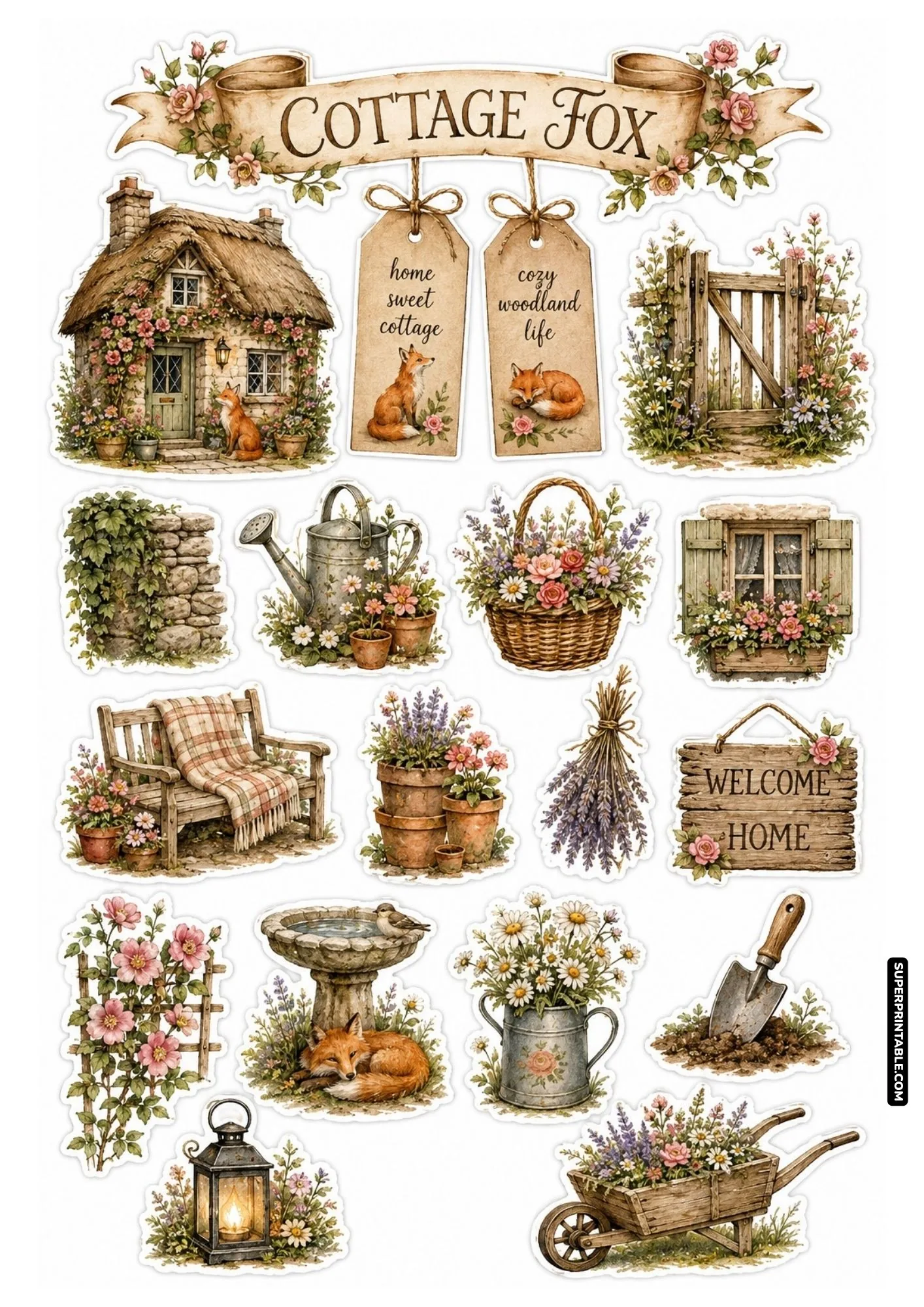 Printable woodland fox sticker sheets featuring cozy cottage illustrations, floral gardens, and rustic home decor items.