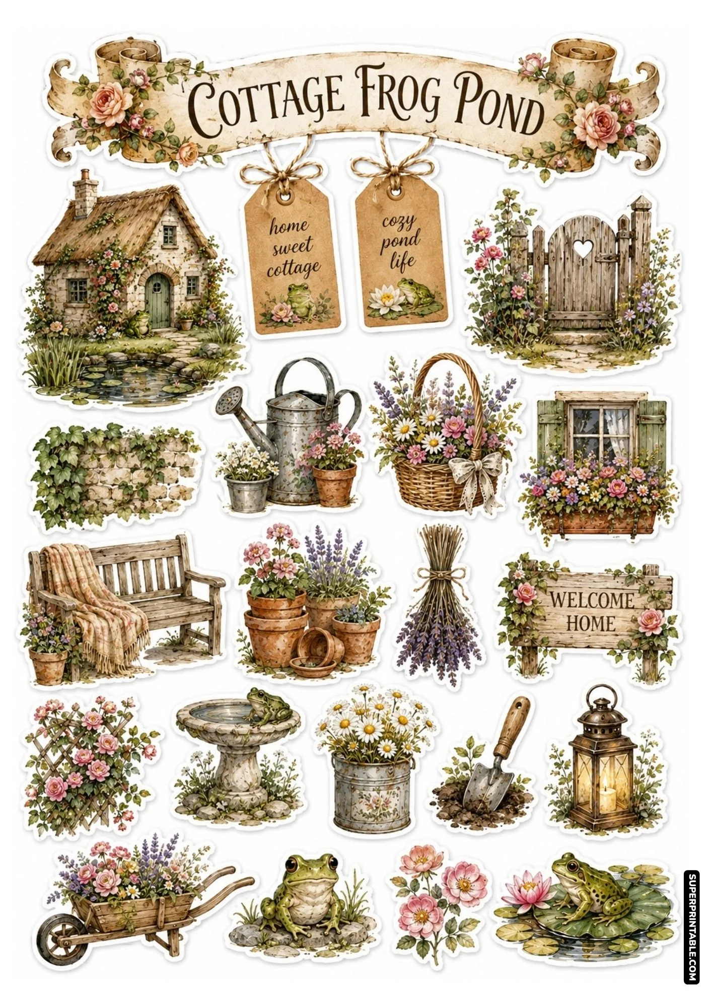 Printable cottage frog pond sticker sheet with vintage garden elements, rustic bench, flowers, and pond frogs.