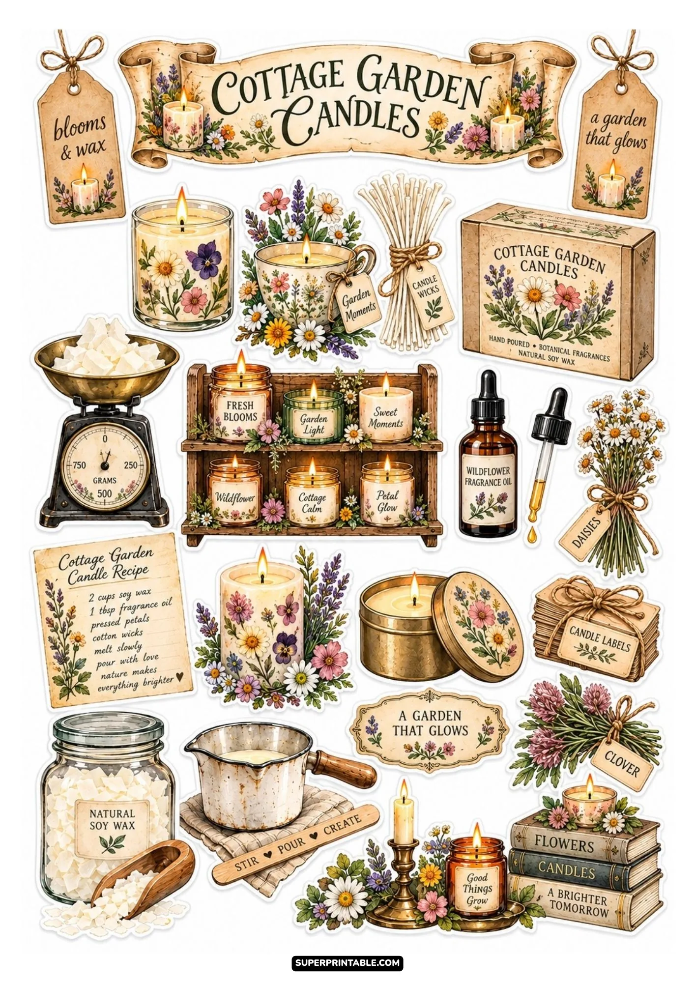Floral cottage garden candle sticker sheet featuring pressed wildflower candles, teacup candle, and rustic craft labels.