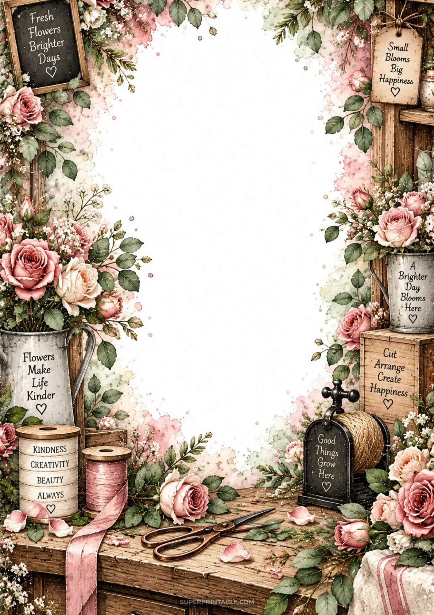 Cottage garden border pages featuring soft pink roses, twine spools, and rustic florist shears around an open center