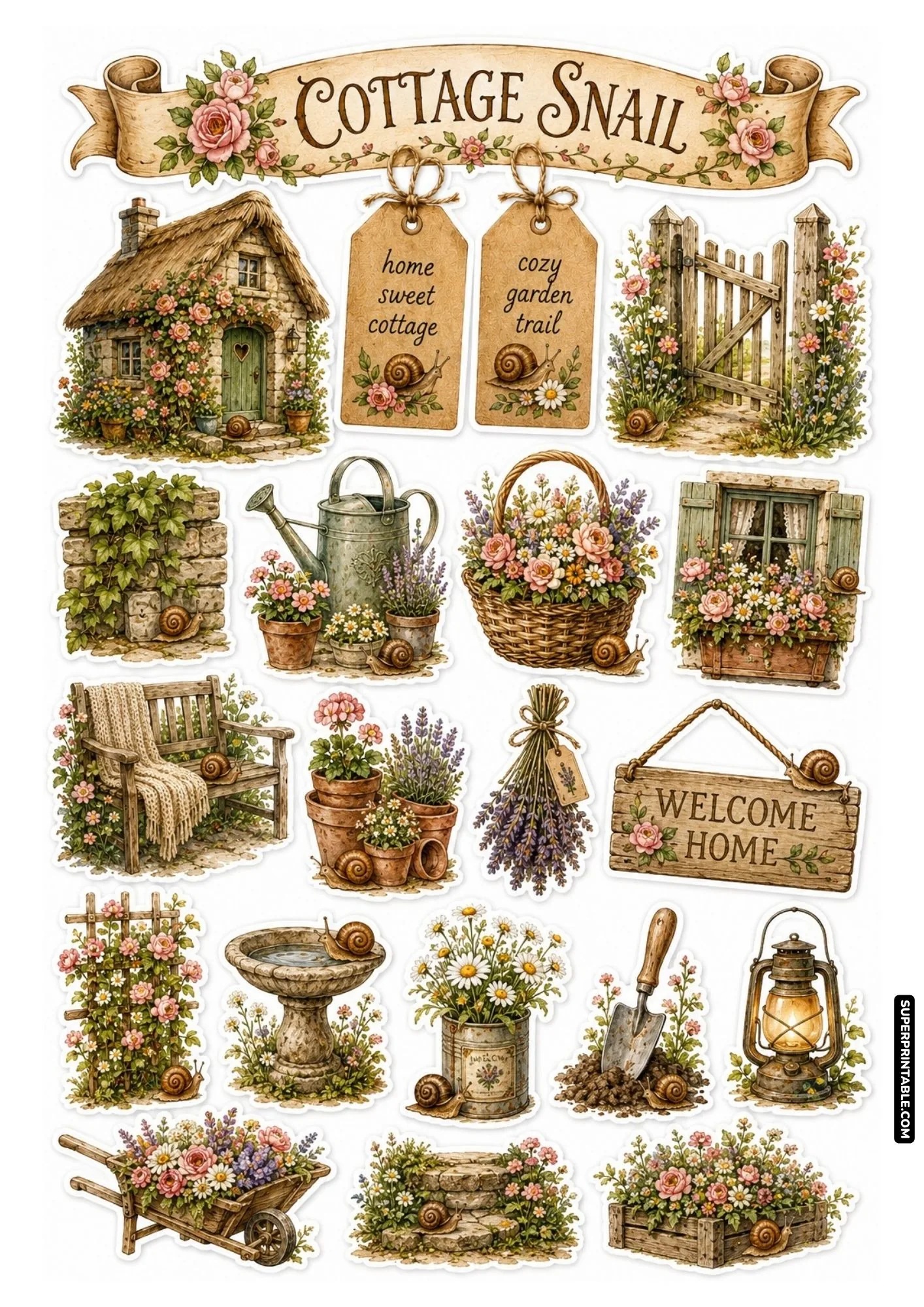 Cottage garden snail sticker sheet with stone cottage house, watering can, and potted flowers.