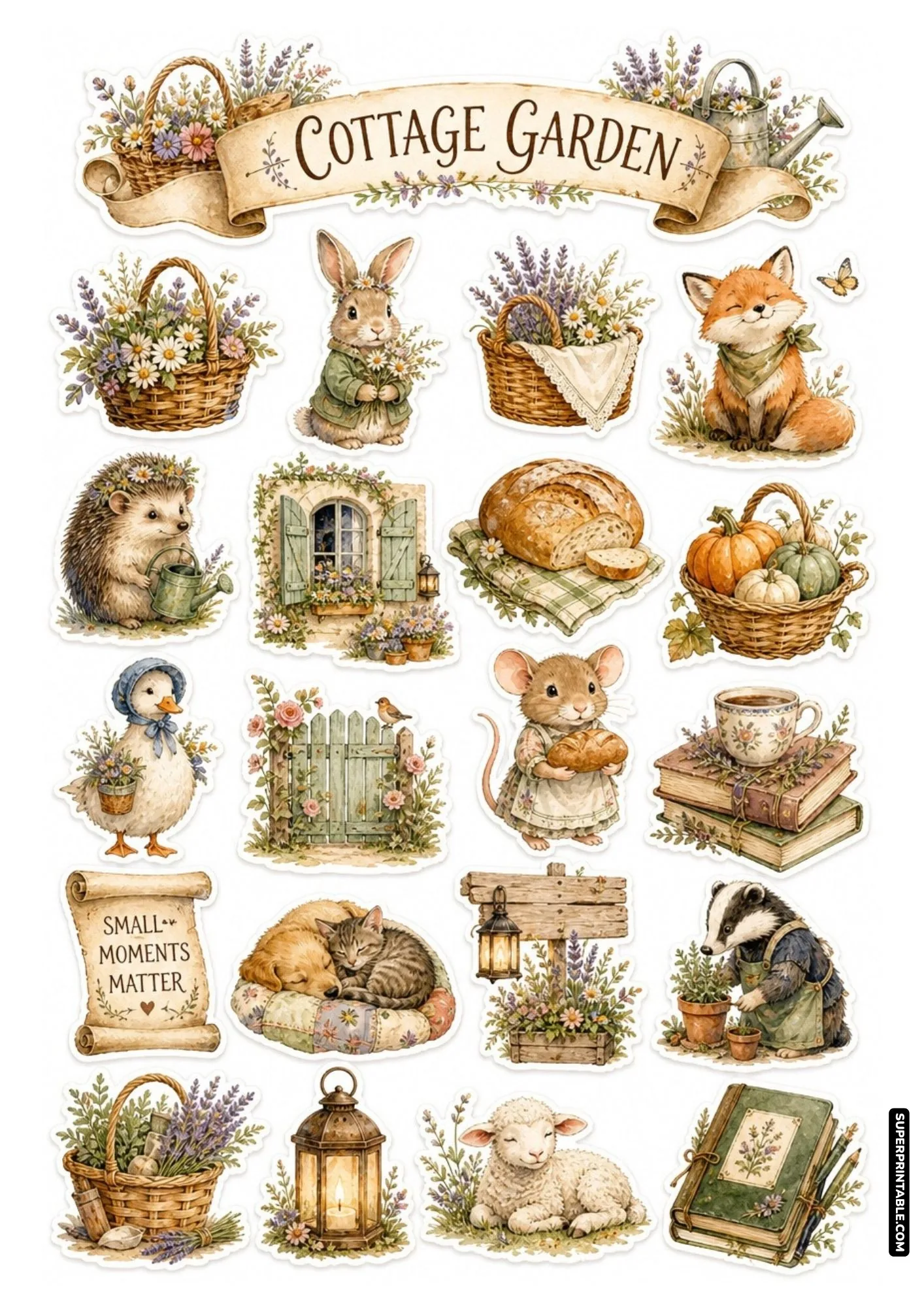 Cottage garden sticker sheet featuring a cozy sleeping dog and cat pair alongside friendly woodland animals.