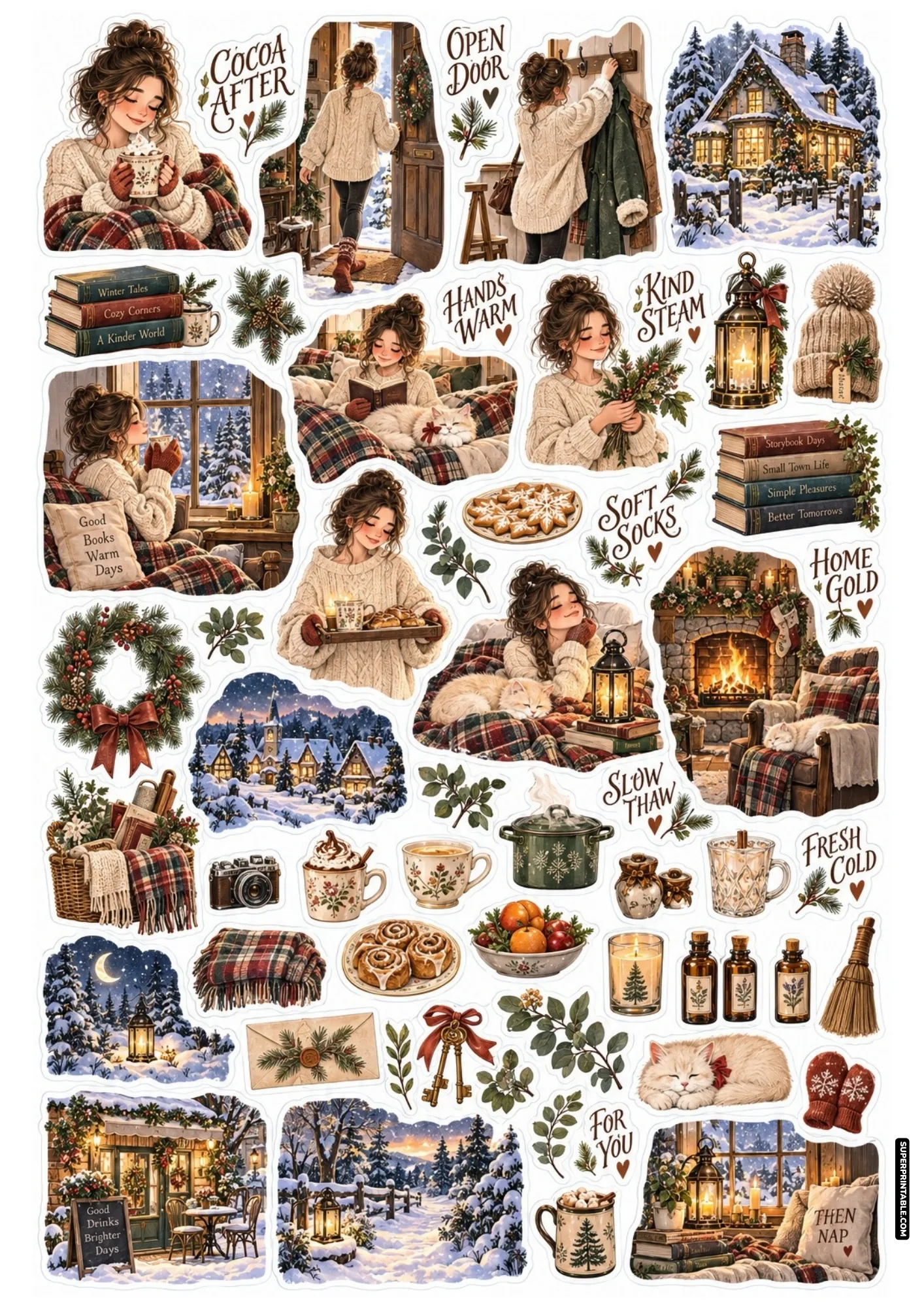 Cozy winter stickers depicting warm cottage hearths, freshly baked pastries, and peaceful indoor relaxation.