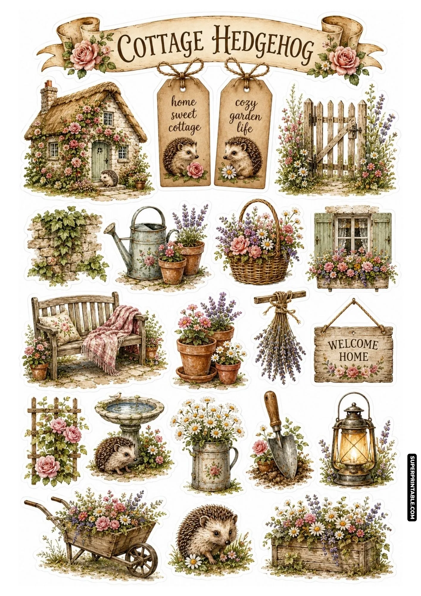 Woodland hedgehog sticker sheets printable with cottage garden motifs, stone house, wooden bench, and floral buckets.