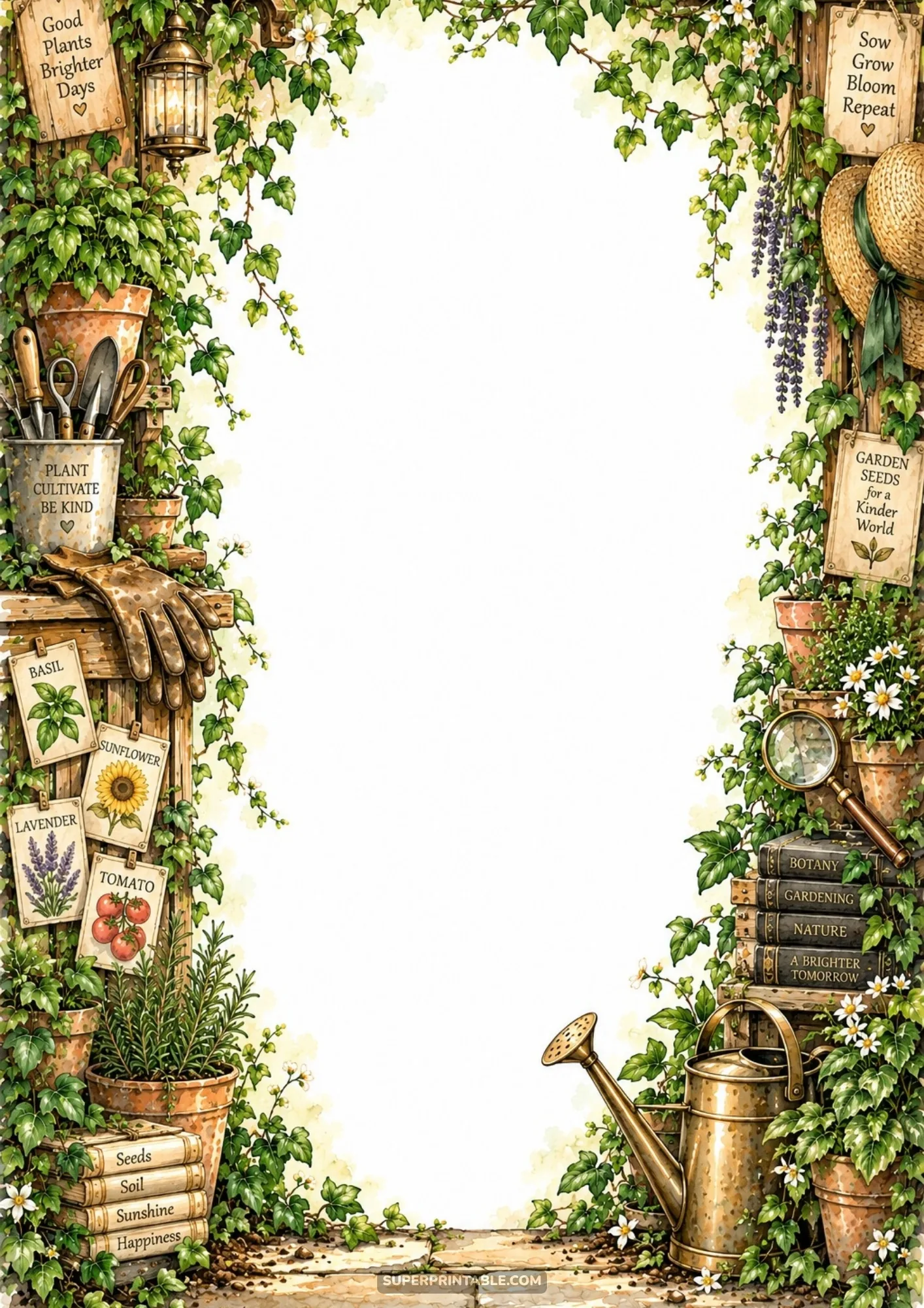 Cottage garden border with illustrated seed packets, potted herbs, and a straw hat
