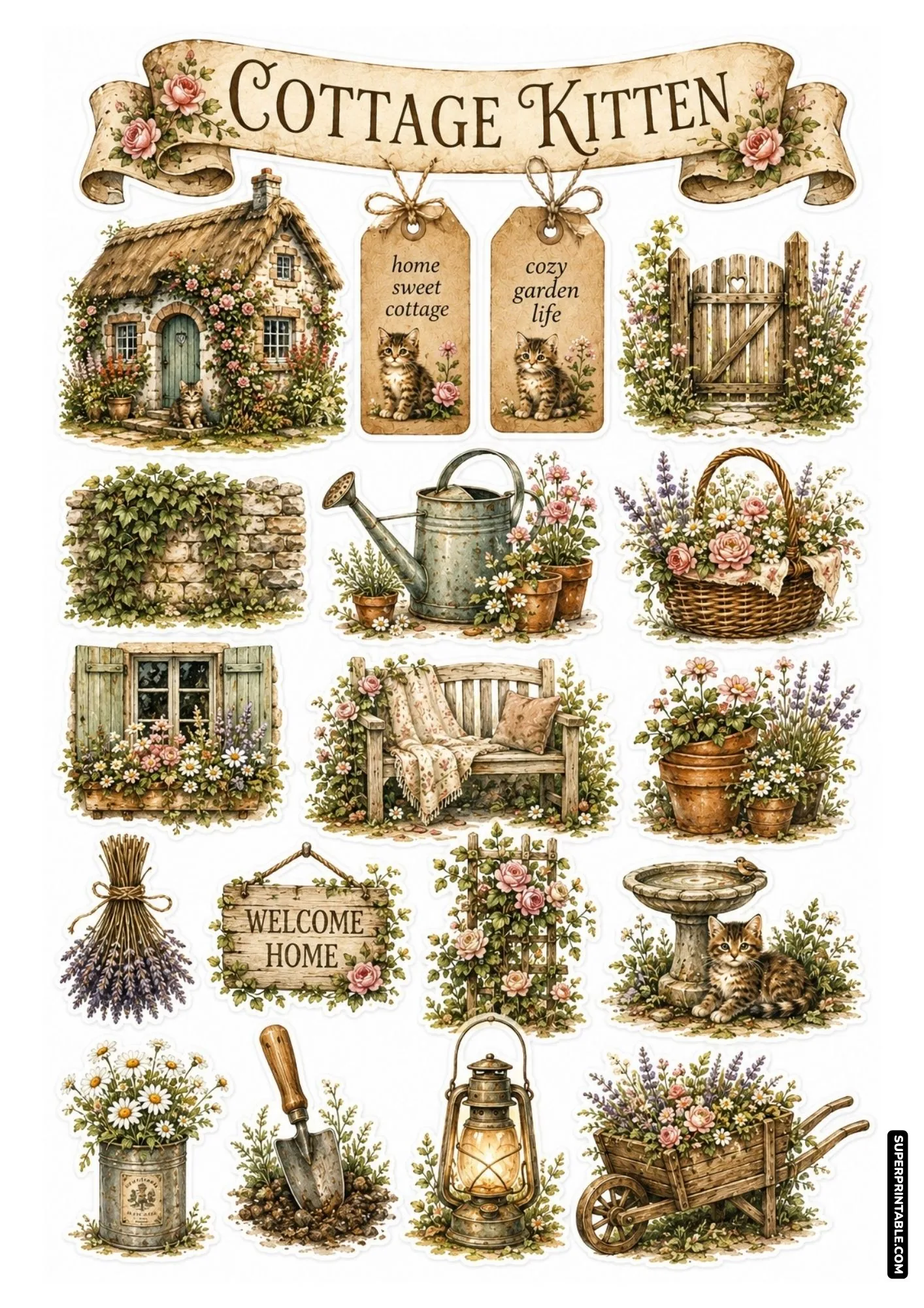 Printable kitten garden sticker sheets featuring vintage thatched cottage elements, flower baskets, and cute cats.