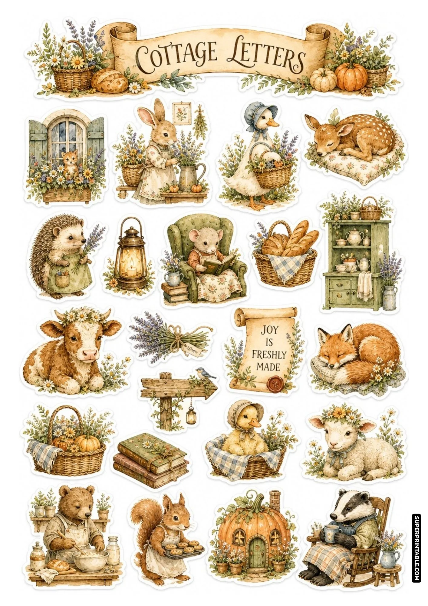 Cottagecore woodland animals sticker sheet with cozy mouse reading in an armchair and vintage letter motifs.