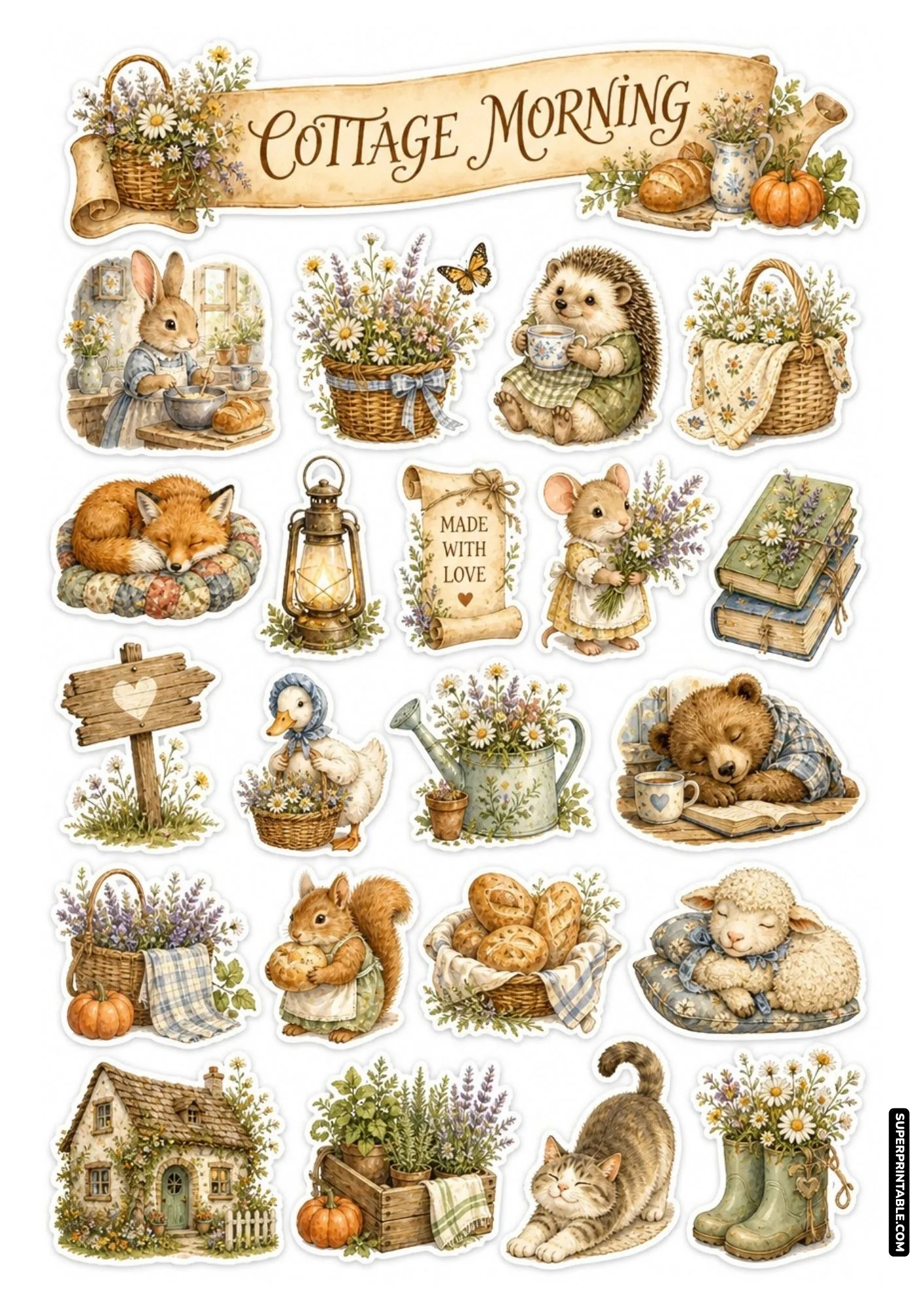 Rustic cottage morning sticker sheet showing cozy rabbit baking, tea-drinking hedgehog, and garden flowers.
