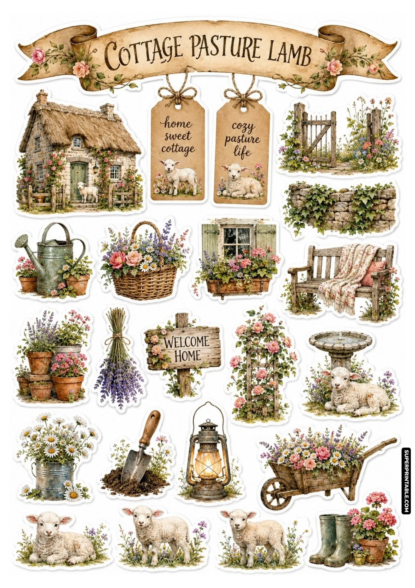 Cottage pasture lamb sticker sheet featuring rustic stone cottages, floral baskets, and cute lambs.