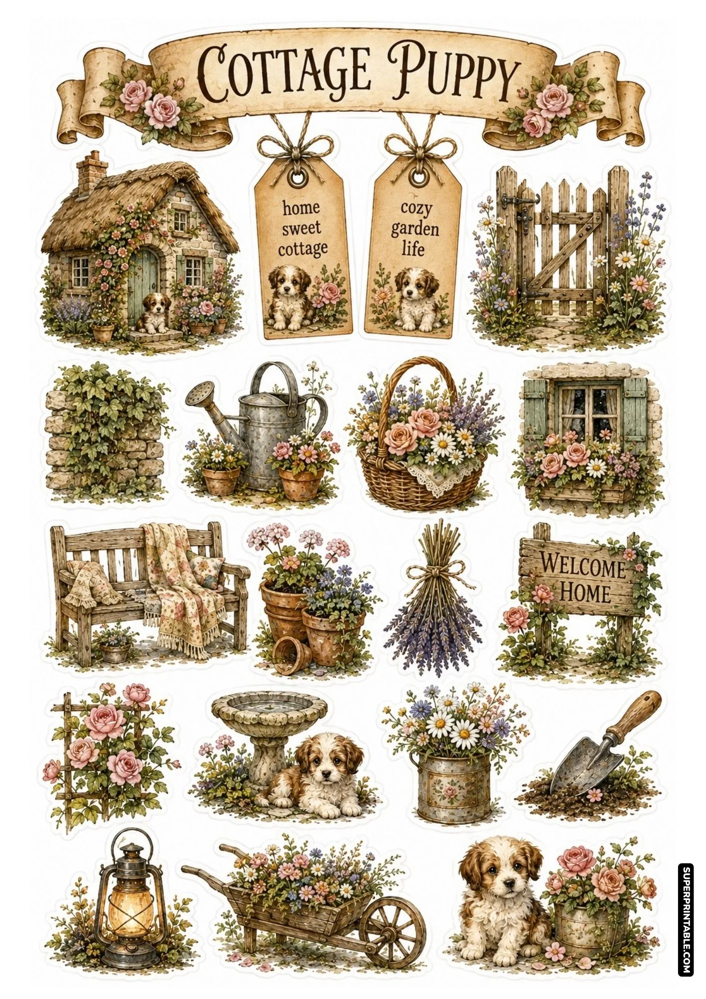 Vintage cottage garden sheet with puppy meadow sticker sheets featuring stone cottages and blooming roses.