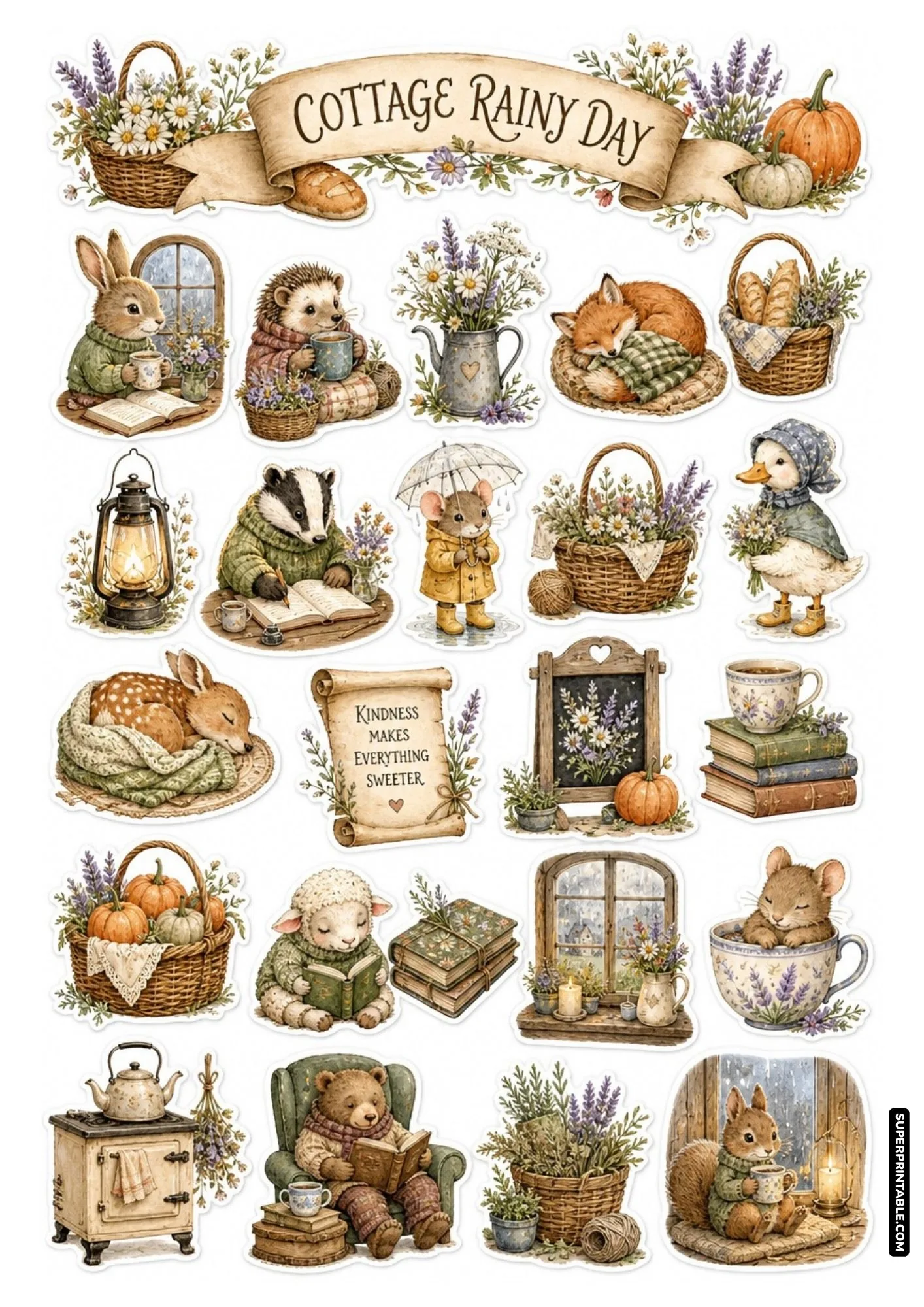 Cozy rainy day animal sticker sheet with mouse under umbrella, tea-drinking rabbit, and reading bear.