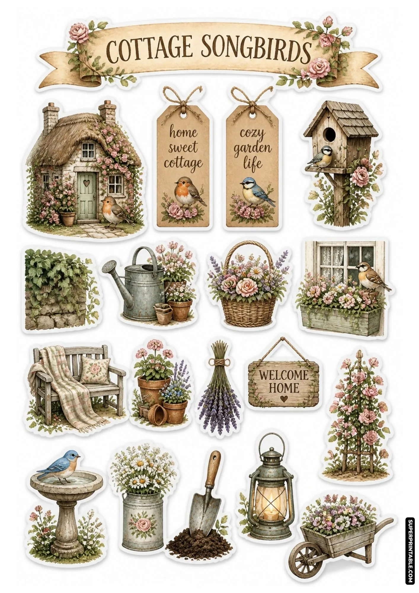 Cottage songbird stickers featuring thatched stone cottages, pink roses, and wooden birdhouses.