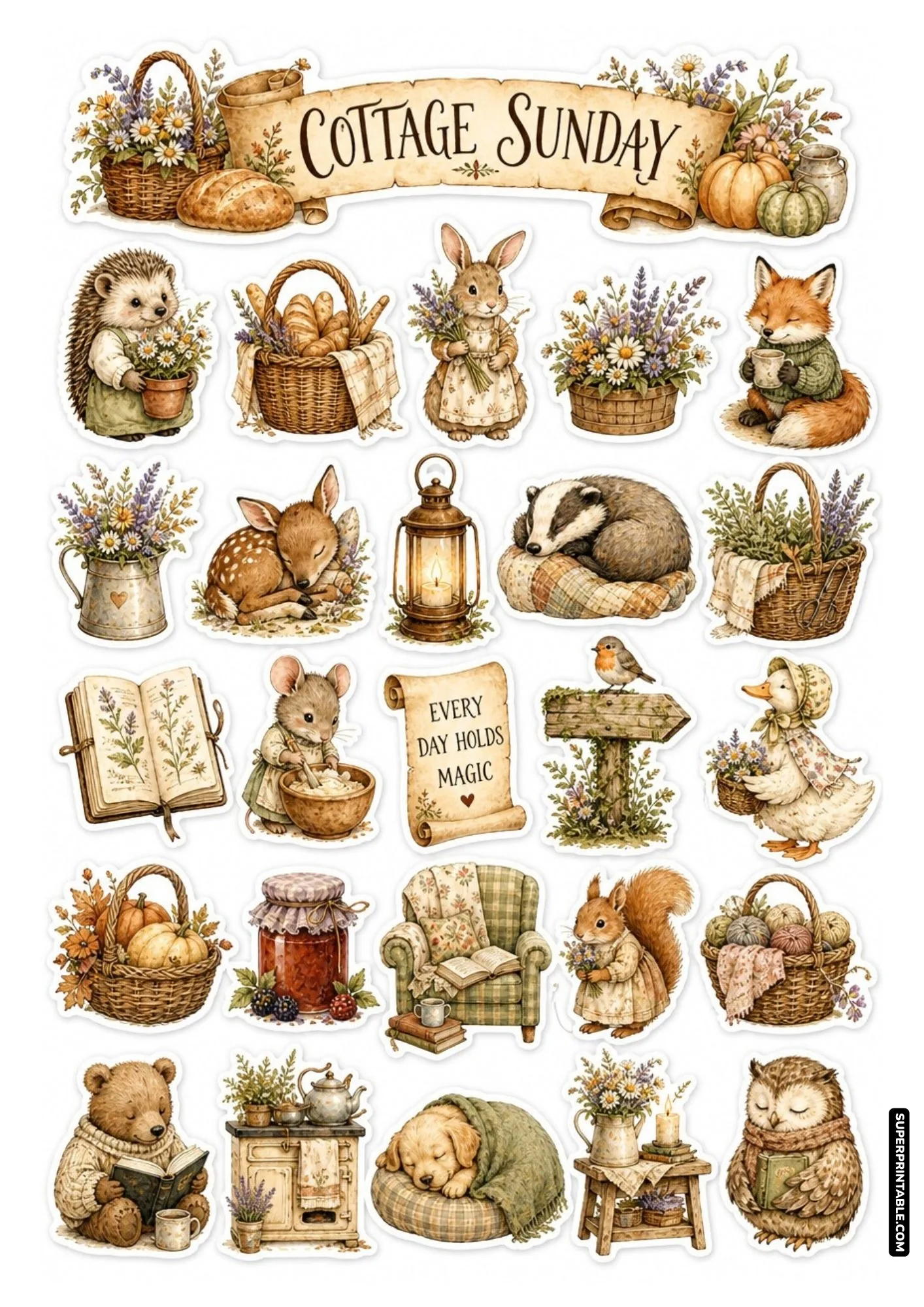 Printable cottagecore animals sticker sheets showing peaceful Sunday relaxation with reading bear and sleeping puppy.