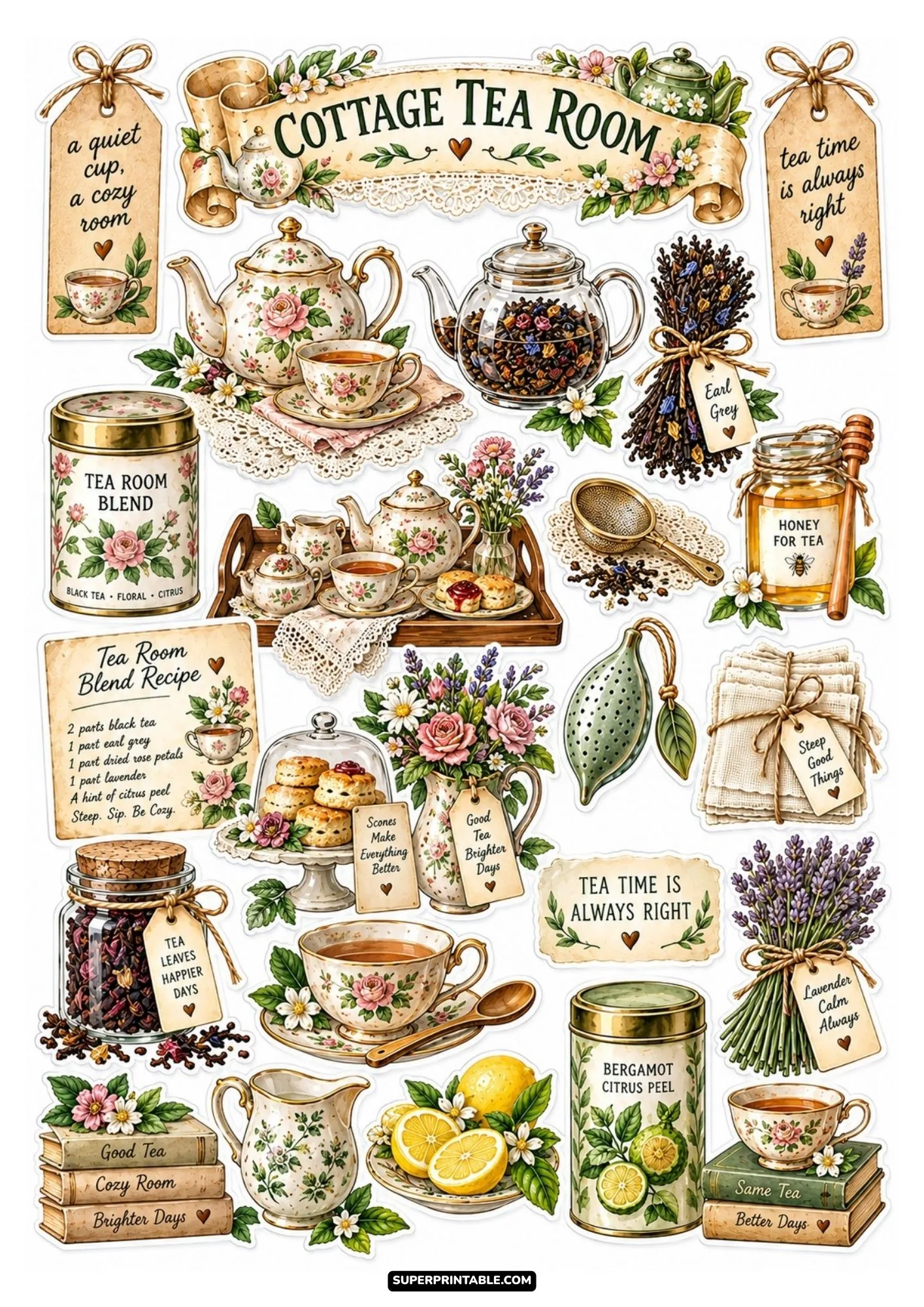 Cottage tea room sticker sheet containing vintage floral teapots, bergamot tin, scones, and floral tea tags.