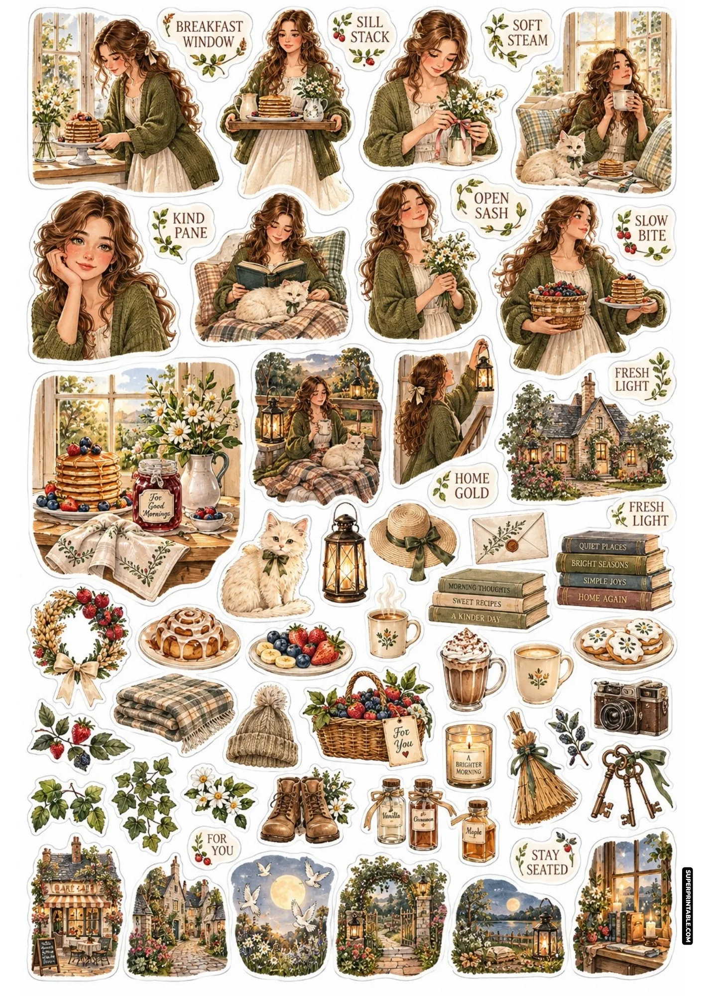 Charming breakfast stickers depicting sunlit window pancake servings, daisy bouquets, olive knitwear, and cute white cats