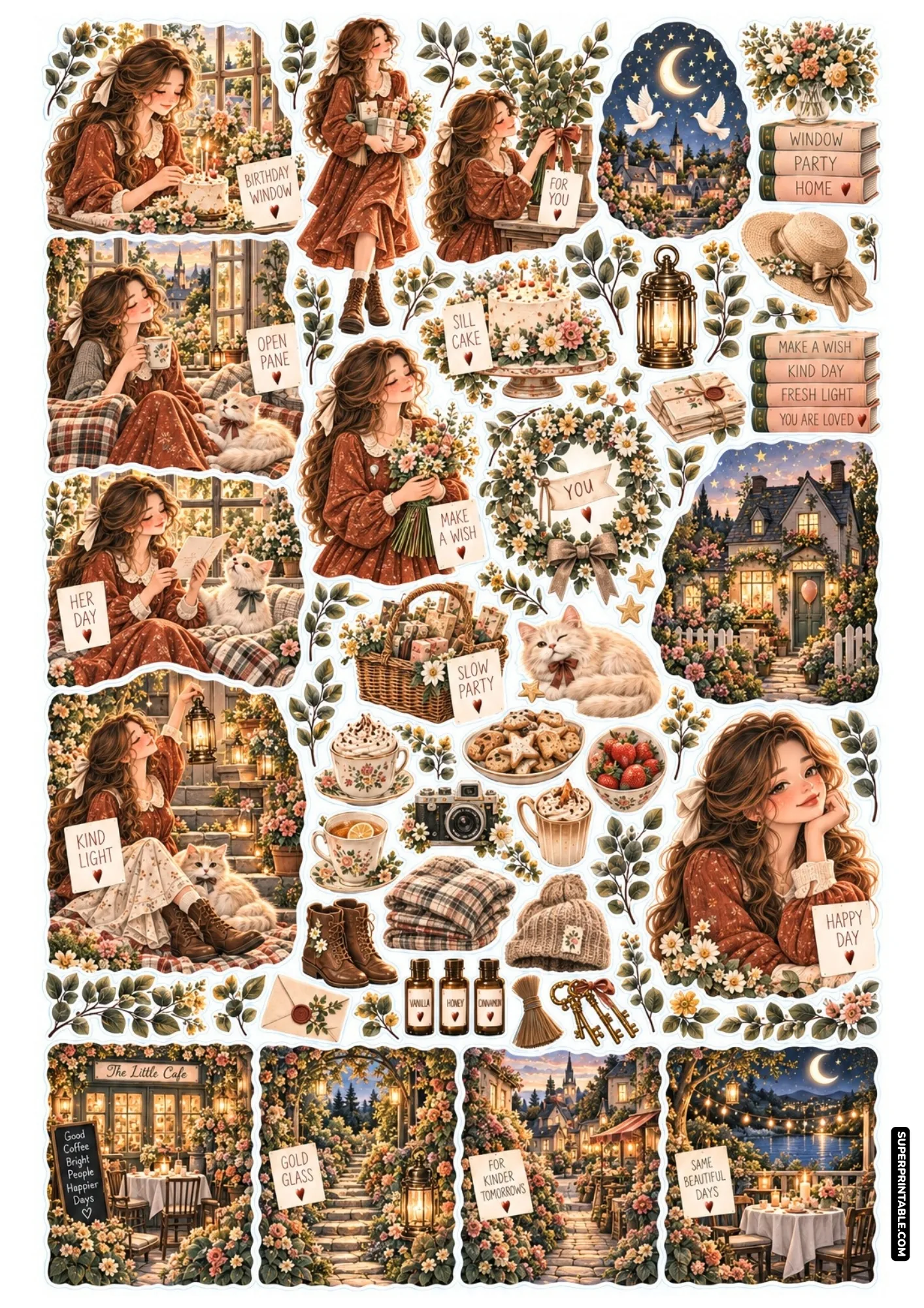 Cozy cottagecore birthday sticker sheet with sunny windowsill cake, garden wildflowers, and scenic cottage.
