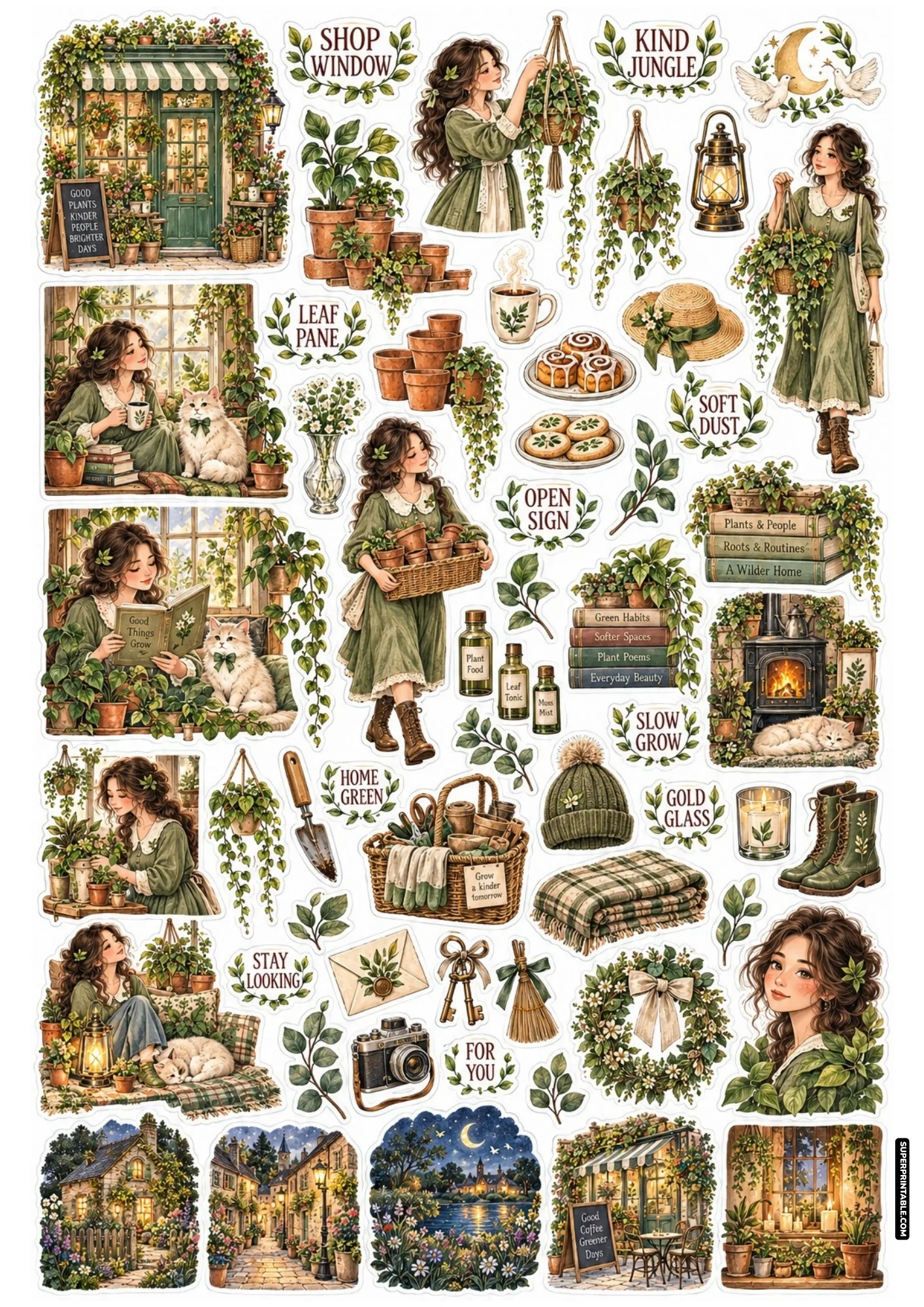 Cottagecore sticker sheet featuring a girl in a sage green dress caring for trailing indoor vines and floral bouquets.